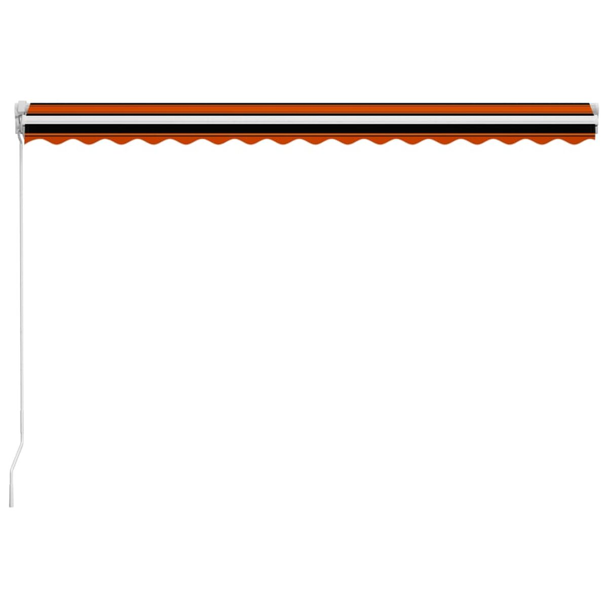 Markise mit orangefarbenen, schwarzen und weißen Streifen, aus weißem Halter verlängert.