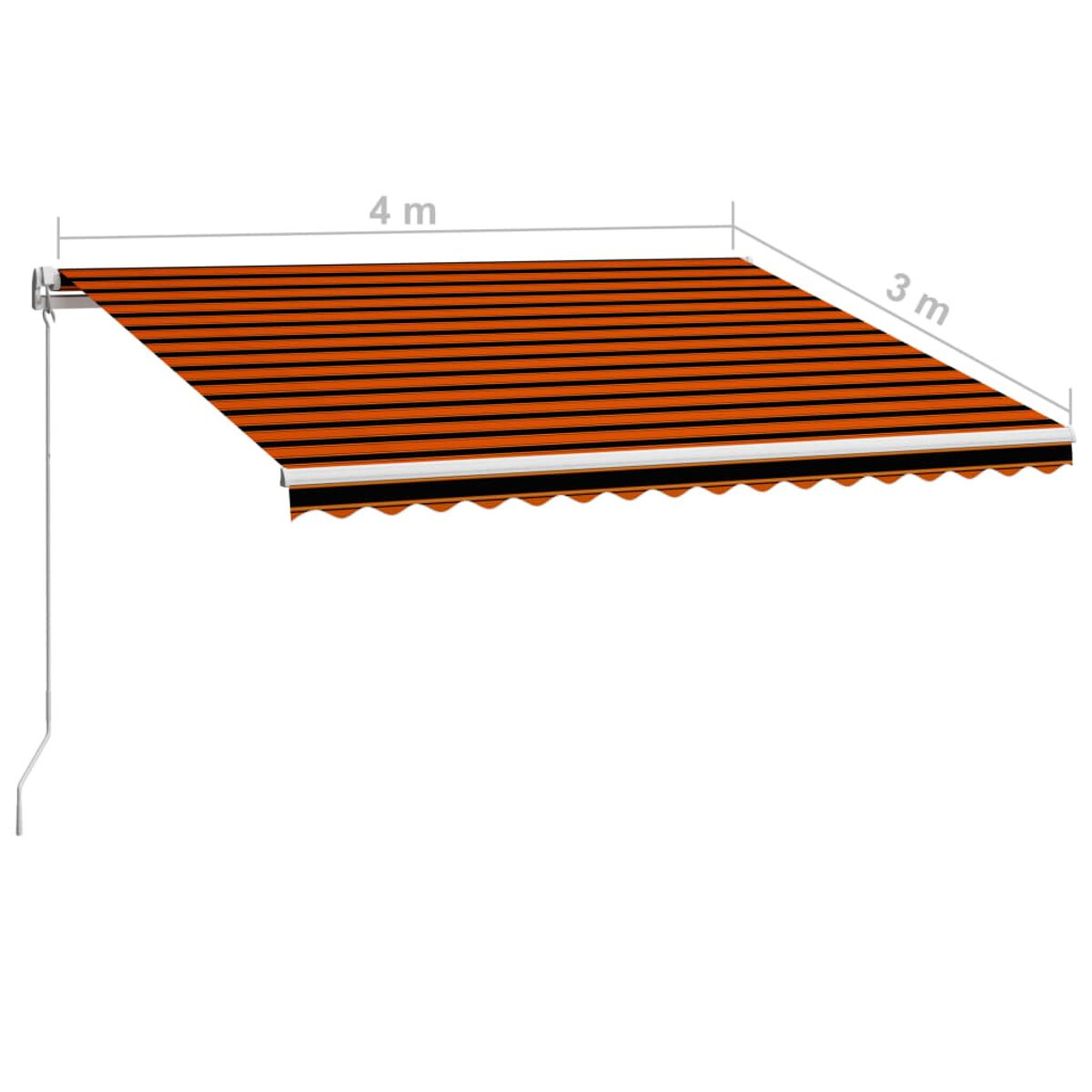 Eine orange-schwarz gestreifte Markise, 4x3 Meter, ist ausgefahren. Weißer Hintergrund.