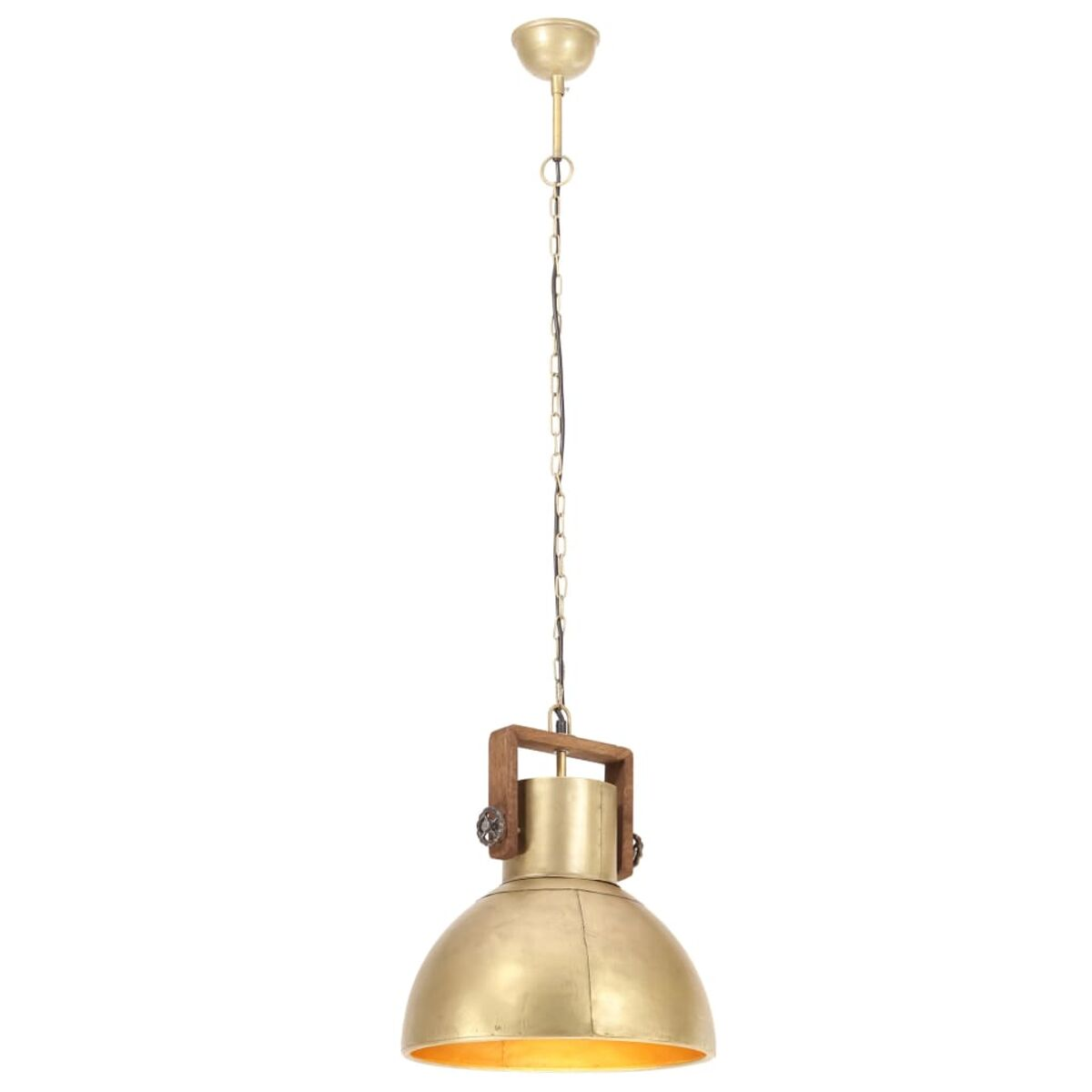 Goldfarbene Hängelampe mit Holzakzent, an einer Kette hängend.