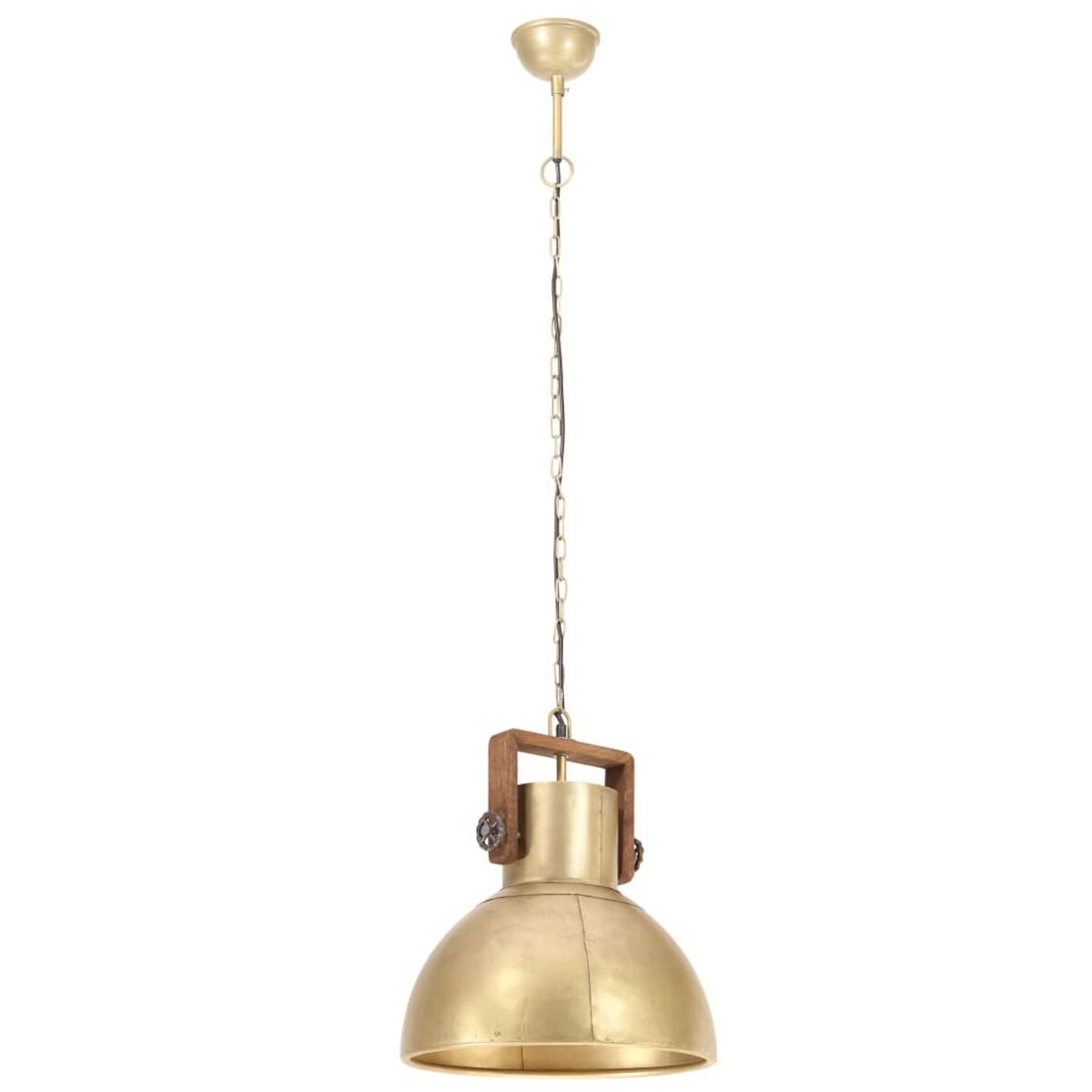 Goldene Pendelleuchte mit Holzdetails auf weißem Hintergrund.