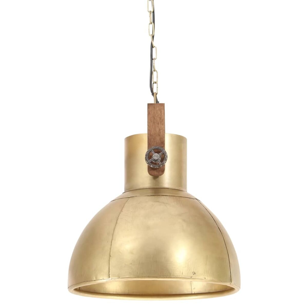Goldfarbene Pendelleuchte. Die Lampe hat ein kreisförmiges Design mit Holzakzent.