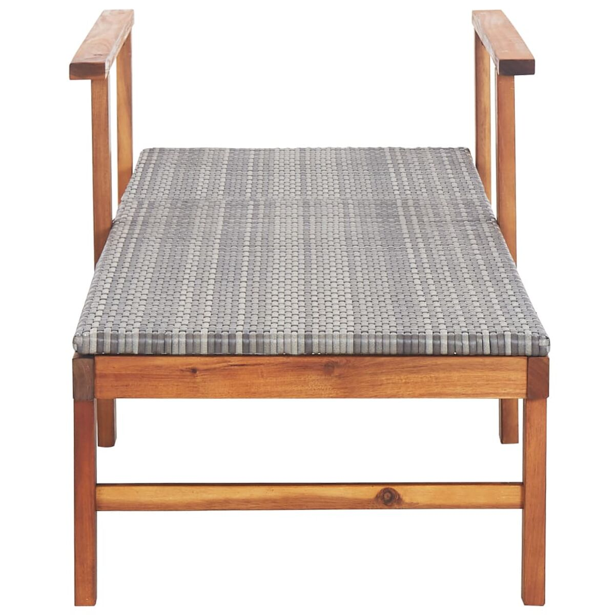 Holz-Lounge-Sessel für draußen, graue Sitzfläche, Holzrahmen und Armlehnen.