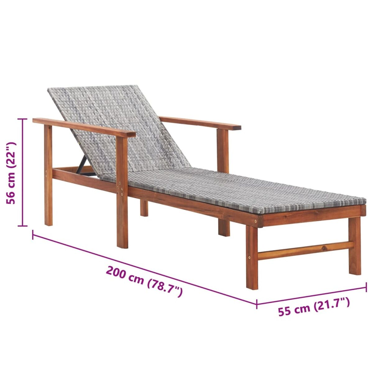 Holzliegestuhl mit grau gewebter Sitzfläche. Mit Armlehnen. Maße in cm und Zoll angegeben.