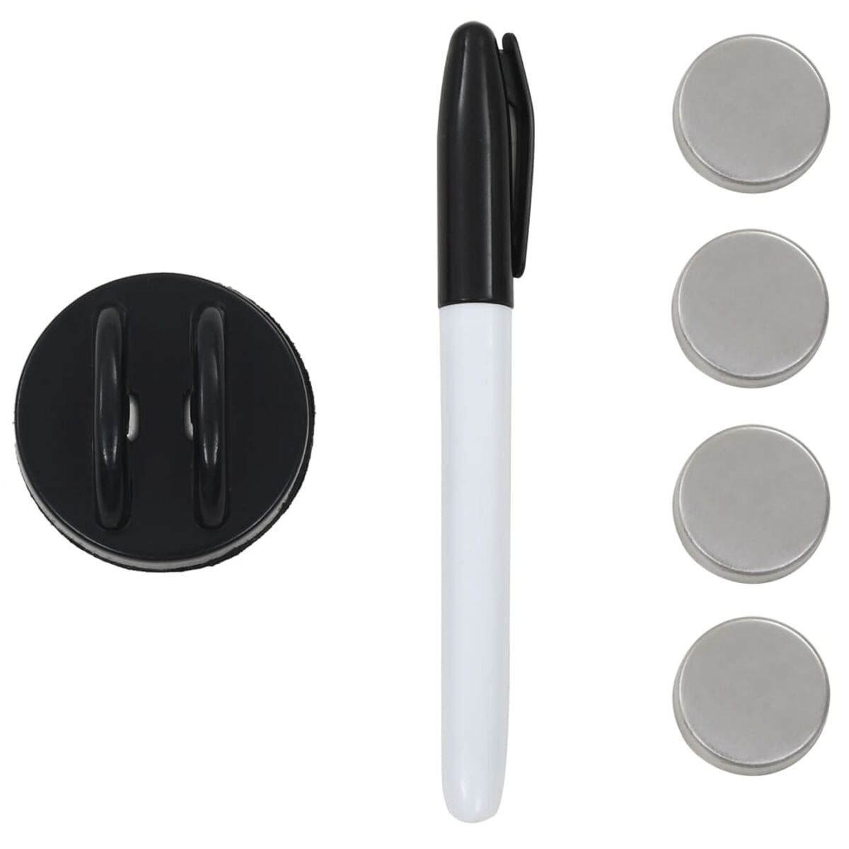 Schwarzer Whiteboard-Marker, ein schwarzer Radierer mit Griffen und ein Satz silberner Magnetkreise.