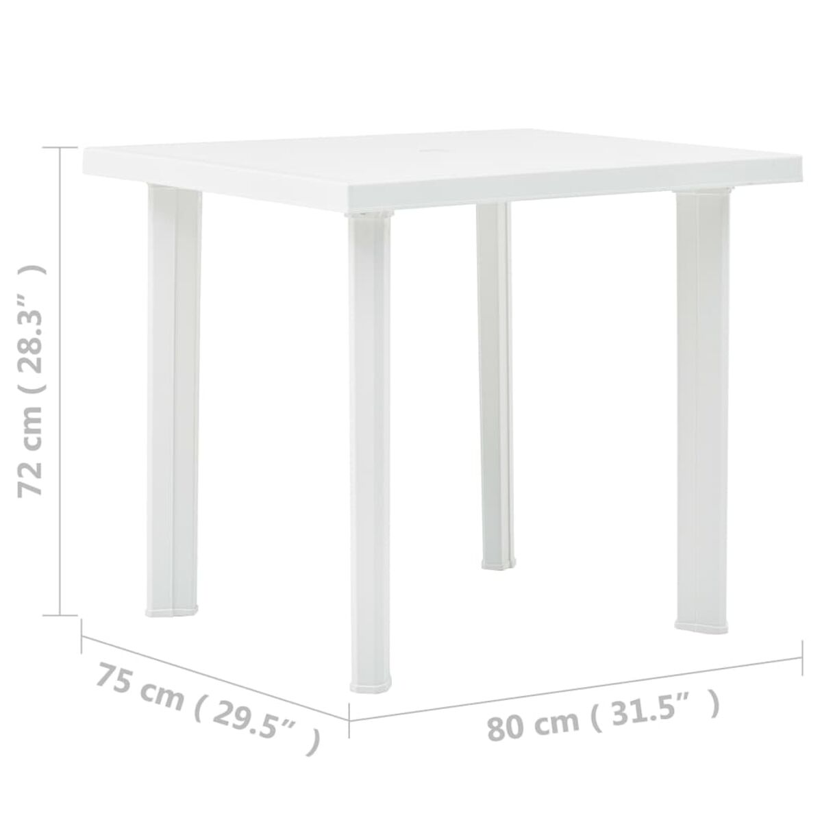 Ein weißer quadratischer Tisch mit vier quadratischen Beinen. Die Abmessungen sind in Zentimetern und Zoll angegeben.