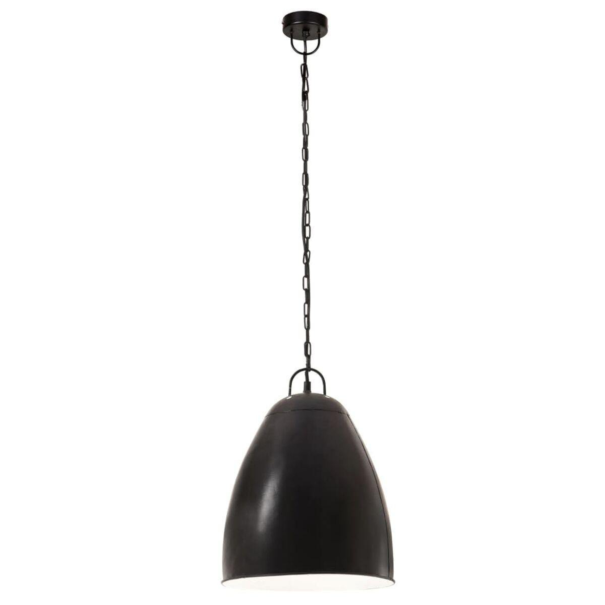 Schwarze Metall-Hängeleuchte in Tropfenform mit Kette.