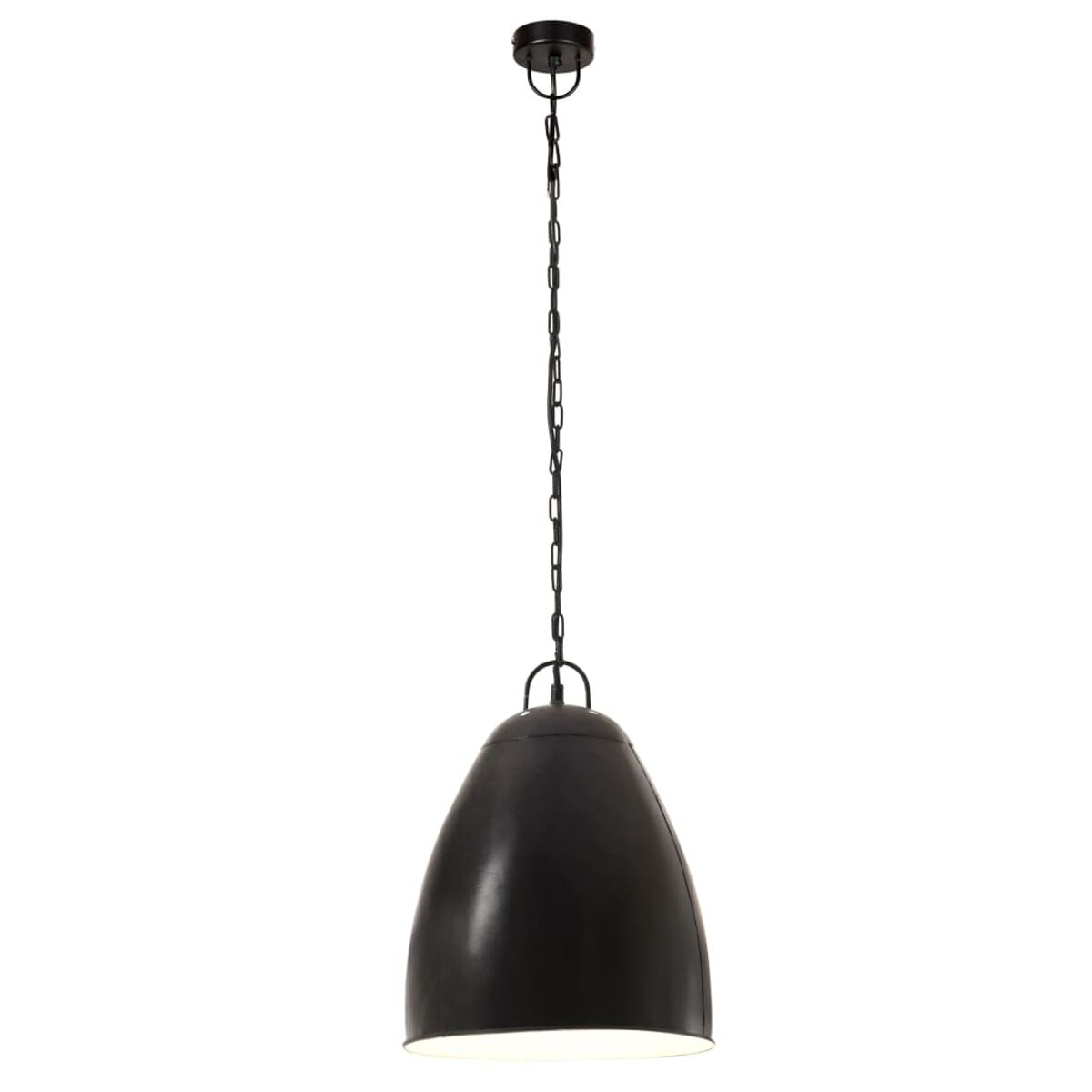 Schwarze Hängeleuchte mit rundem Schirm und Kette. Weißer Hintergrund.