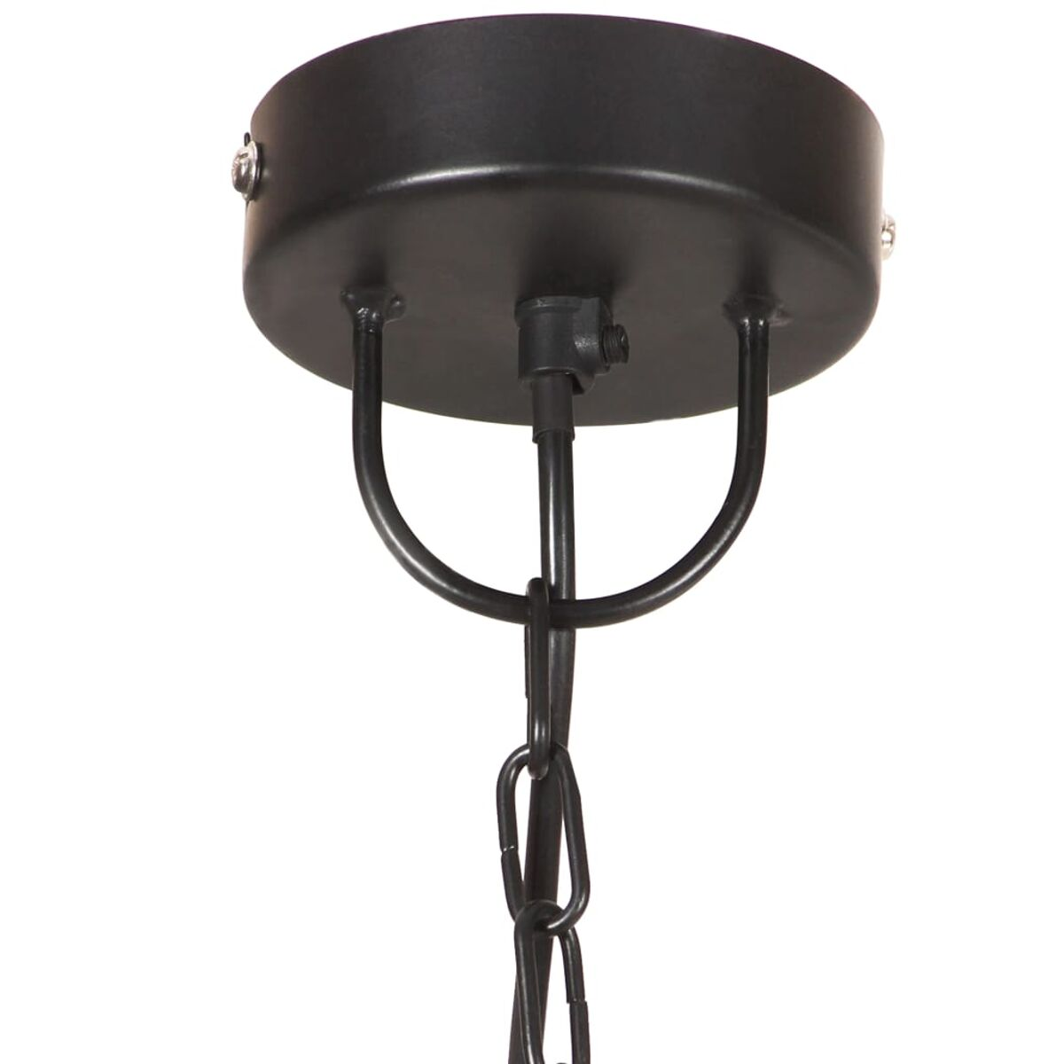 Schwarze Kronleuchterbasis mit Kette. Von der Decke hängend. Weißer Hintergrund.