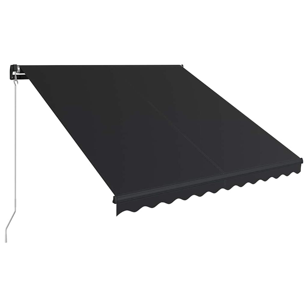 Schwarze Markise ausgefahren. Die Markise steht im Winkel. Weißer Hintergrund.