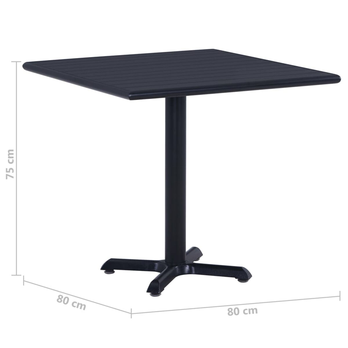 Quadratischer schwarzer Gartentisch mit einem Bein und Maßangaben.