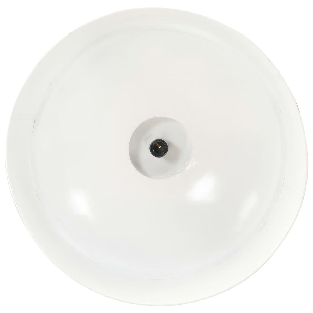 Eine weiße runde Deckenlampe mit schwarzem Leuchtmittel in der Mitte.