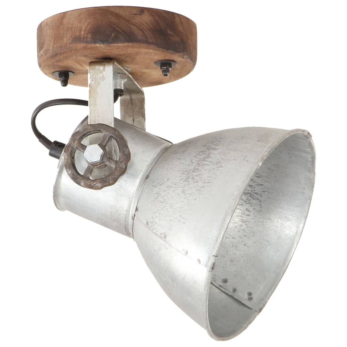 Metall-Spotlight mit Holzsockel. Die Lampe ist silberfarben mit Holzhalterung.