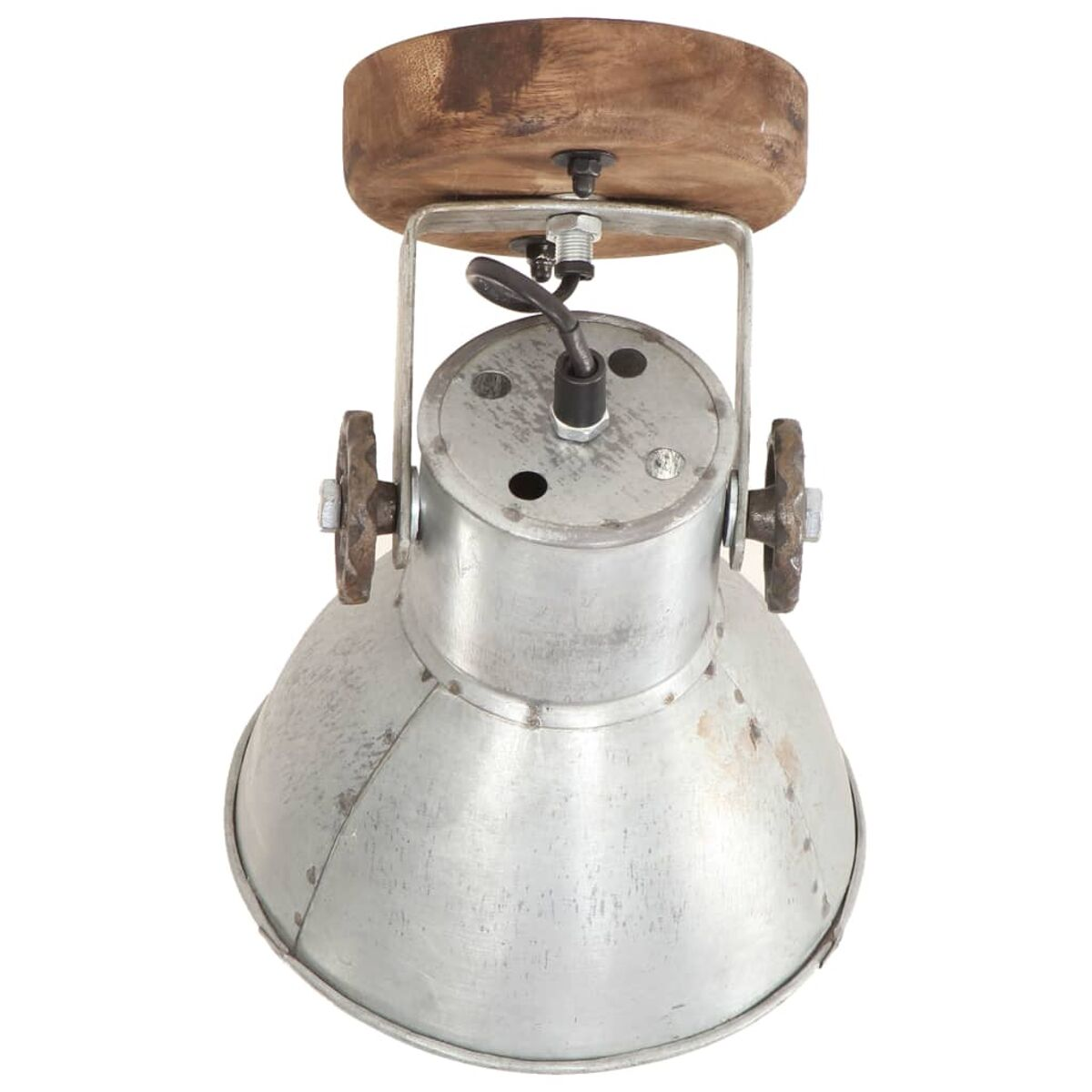Silberne Metalllampe mit Holzaufsatz und zwei seitlichen Knöpfen. Weißer Hintergrund.