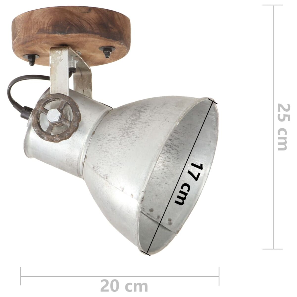 Metall-Spotlight mit Holzsockel. Es ist silberfarben und abgewinkelt.