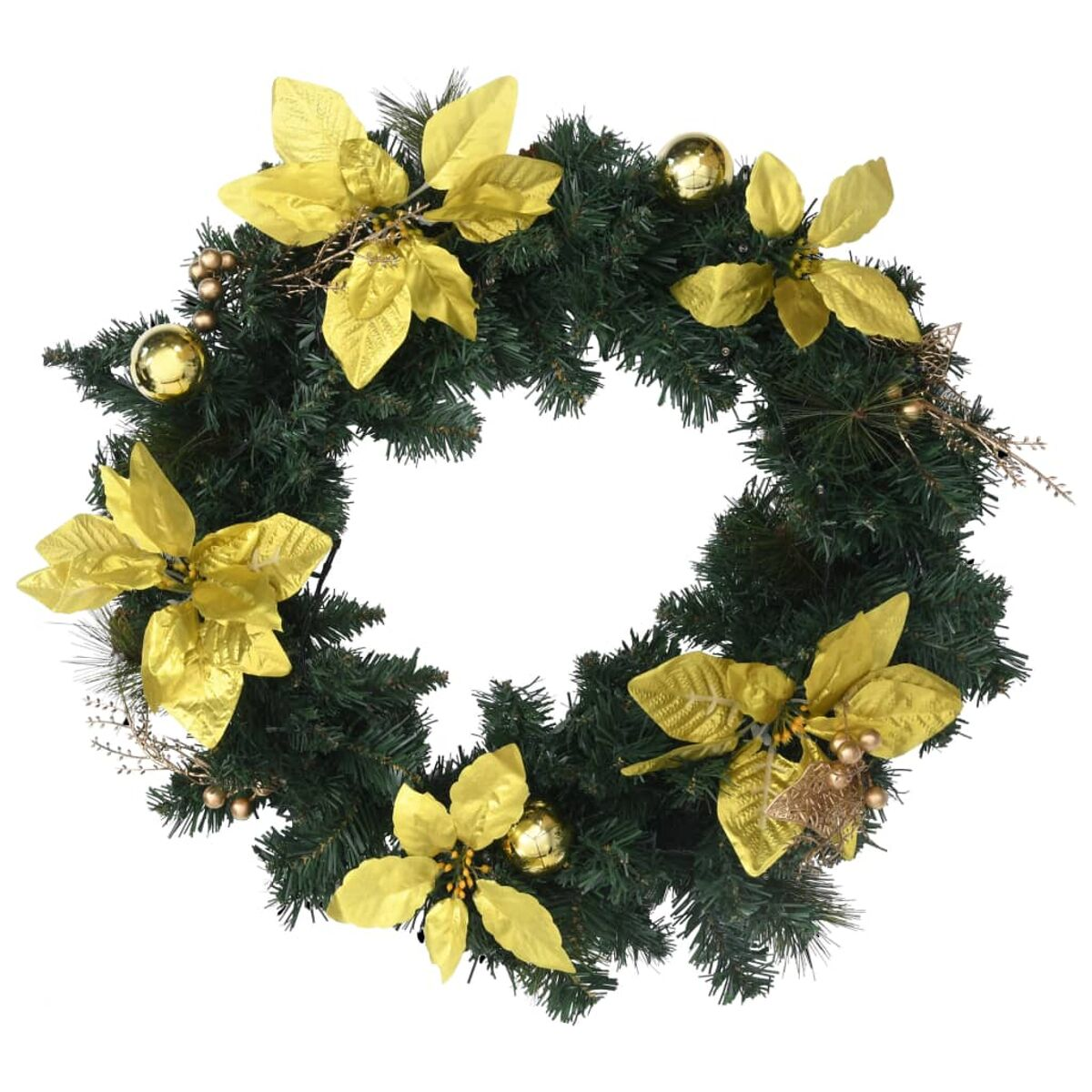 Ein grüner Kranz mit goldenen Blumen, goldenen Ornamenten und grünen Nadeln.