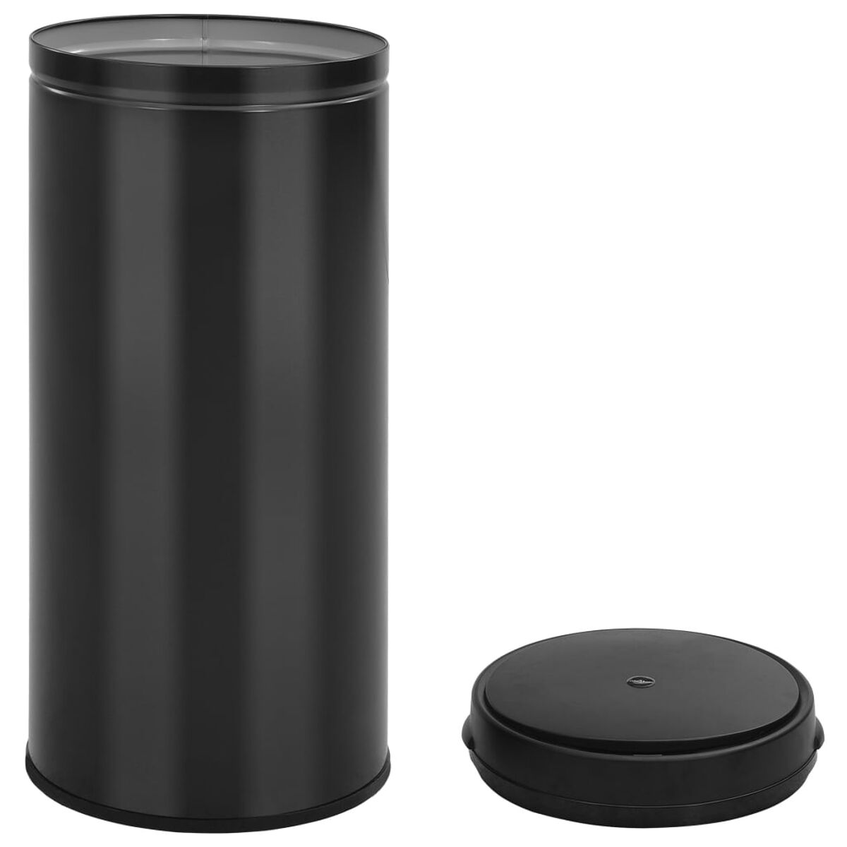 Schwarze Metallmülltonne mit Deckel.