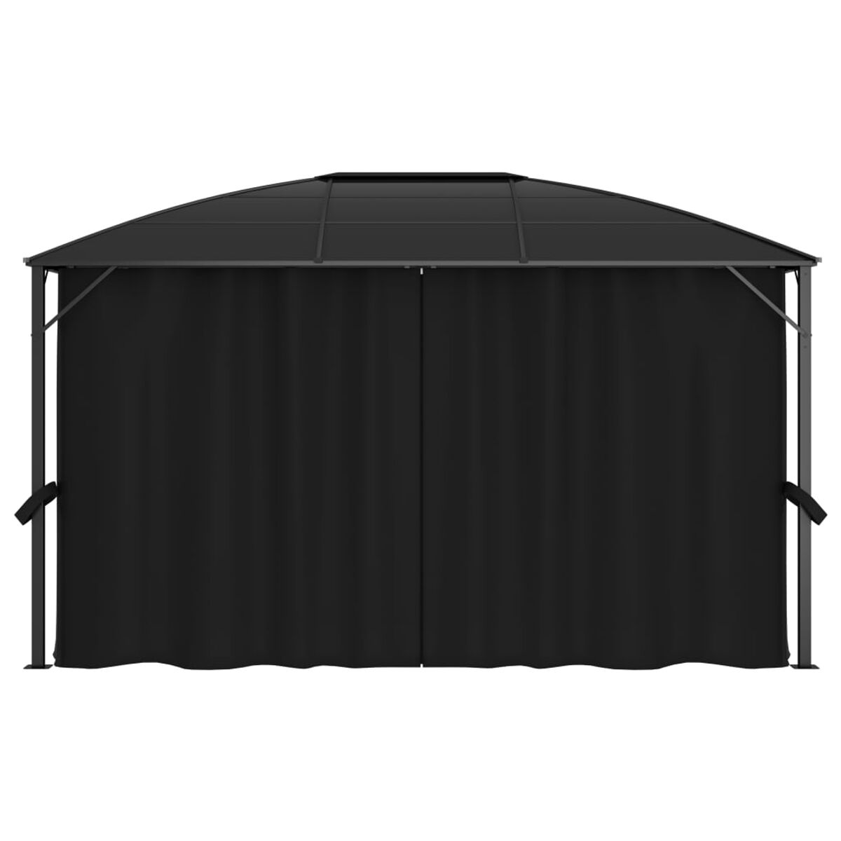 Ein schwarzer Pavillon mit Vorhängen. Der Rahmen ist dunkel, die Vorhänge geschlossen.