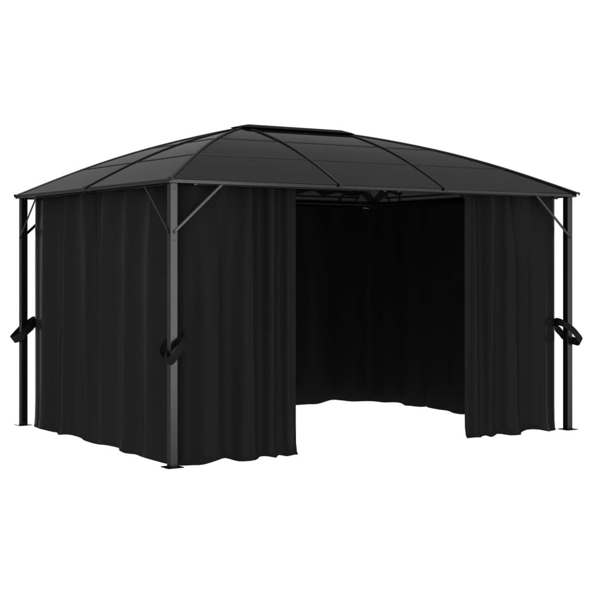 Schwarzer Pavillon mit Vorhängen. Metallrahmen. Weißer Hintergrund. Vorhänge am Rahmen befestigt.