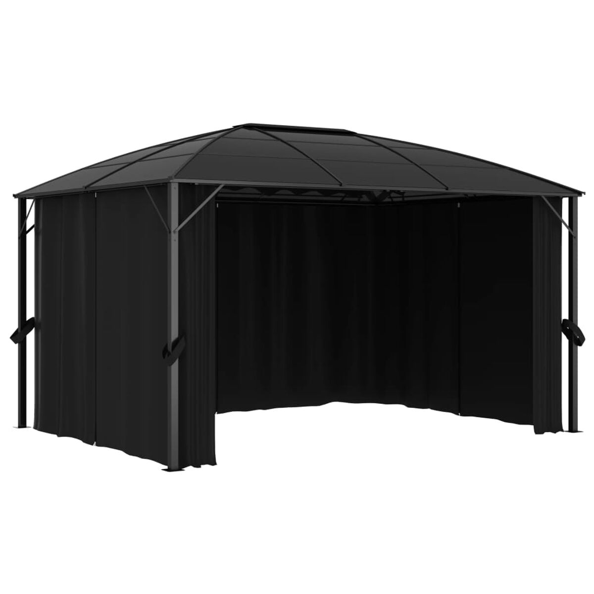 Ein schwarzer Outdoor-Pavillon mit schwarzen Vorhängen. Die Struktur hat eine rechteckige Form.
