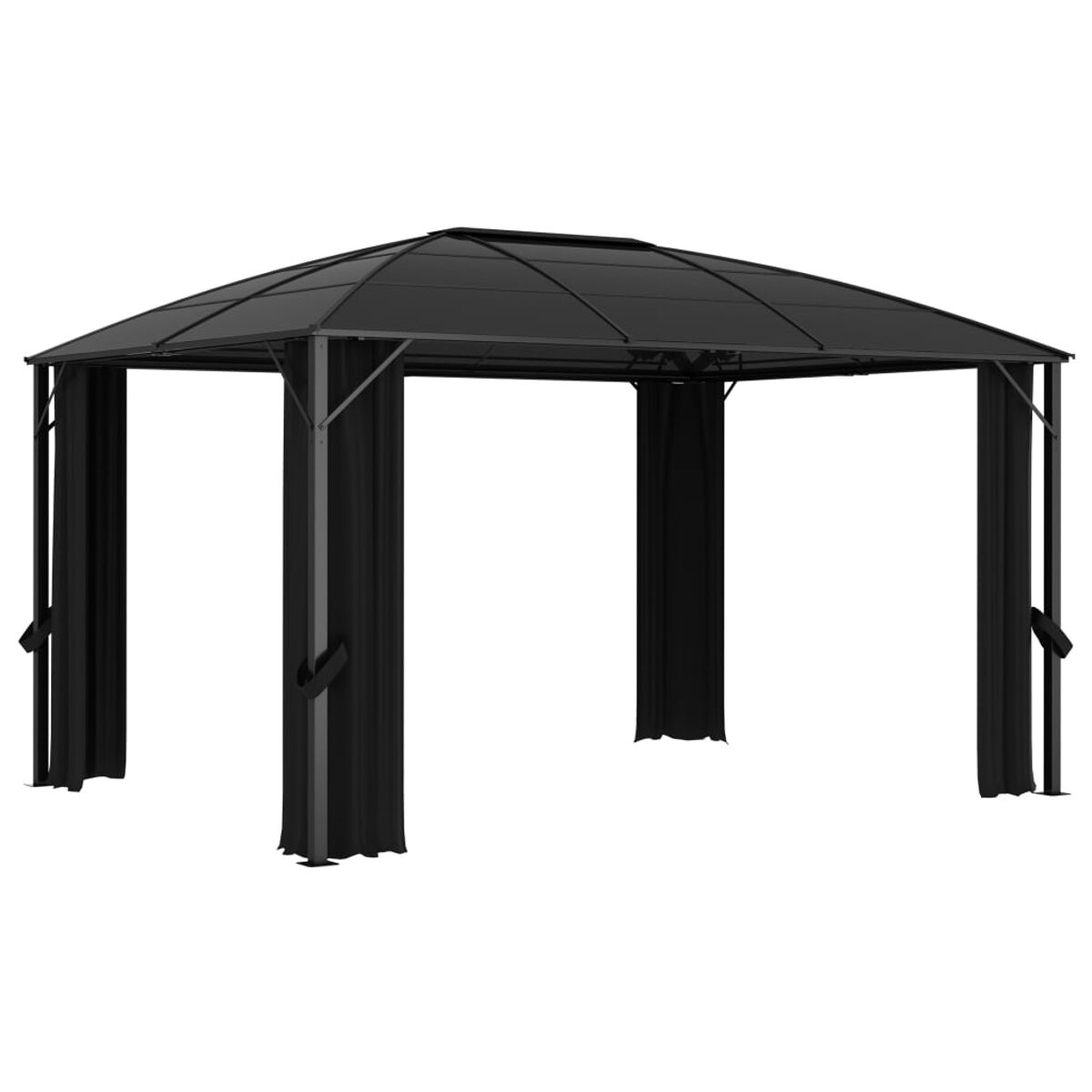 Schwarzer Pavillon mit schwarzen Vorhängen. Schwarzes Dach und Rahmen. Weißer Hintergrund.