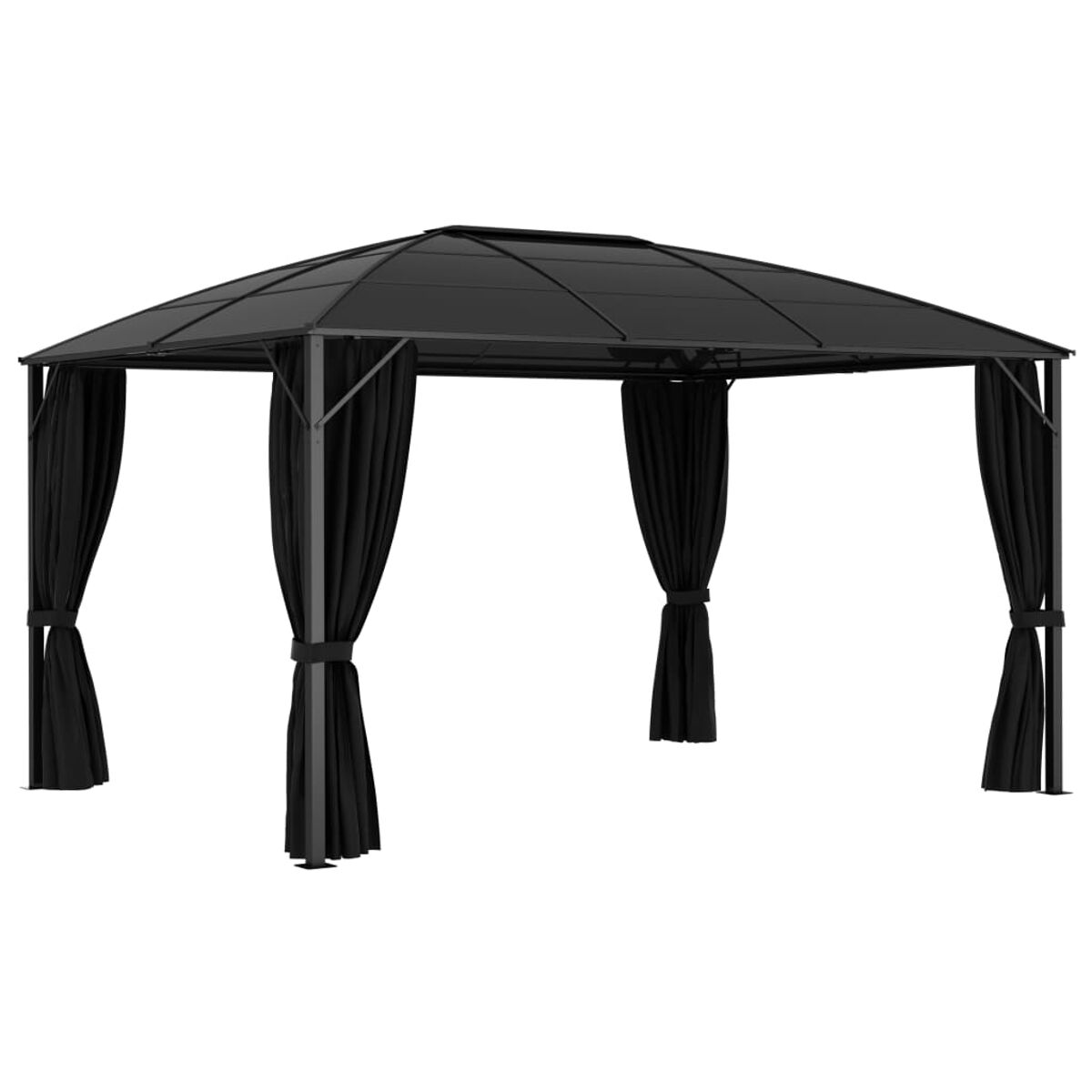 Schwarzer Pavillon mit Vorhängen. Der Pavillon hat ein dunkles Dach und schwarze Vorhänge an den Seiten.