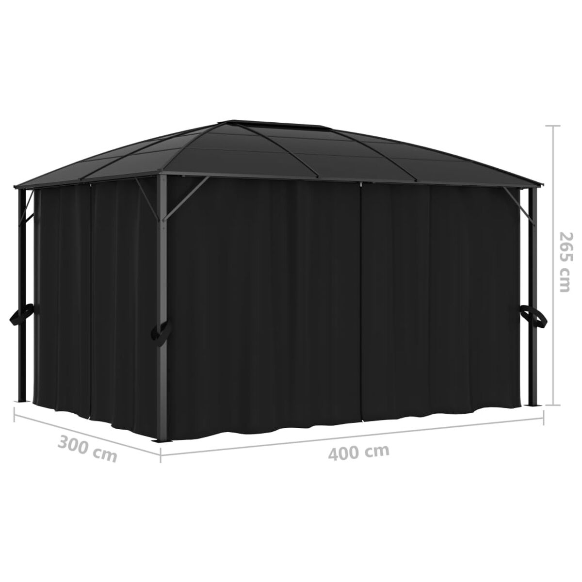 Schwarzer Pavillon mit Vorhängen. Maße 300x400x265cm. Weißer Hintergrund.