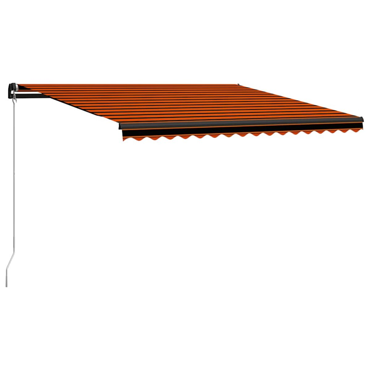Orange und schwarze gestreifte Markise. Weißer Hintergrund. Schwarzer Stützarm.