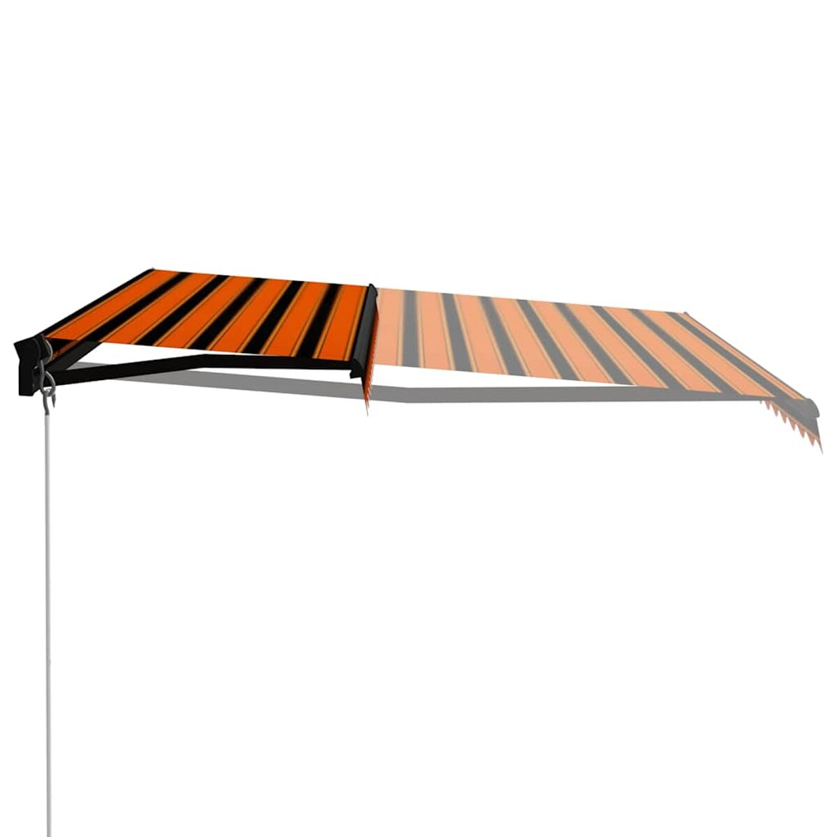 Orange und schwarz gestreifte Markise mit weißem Hintergrund. Die Markise ist ausgefahren.