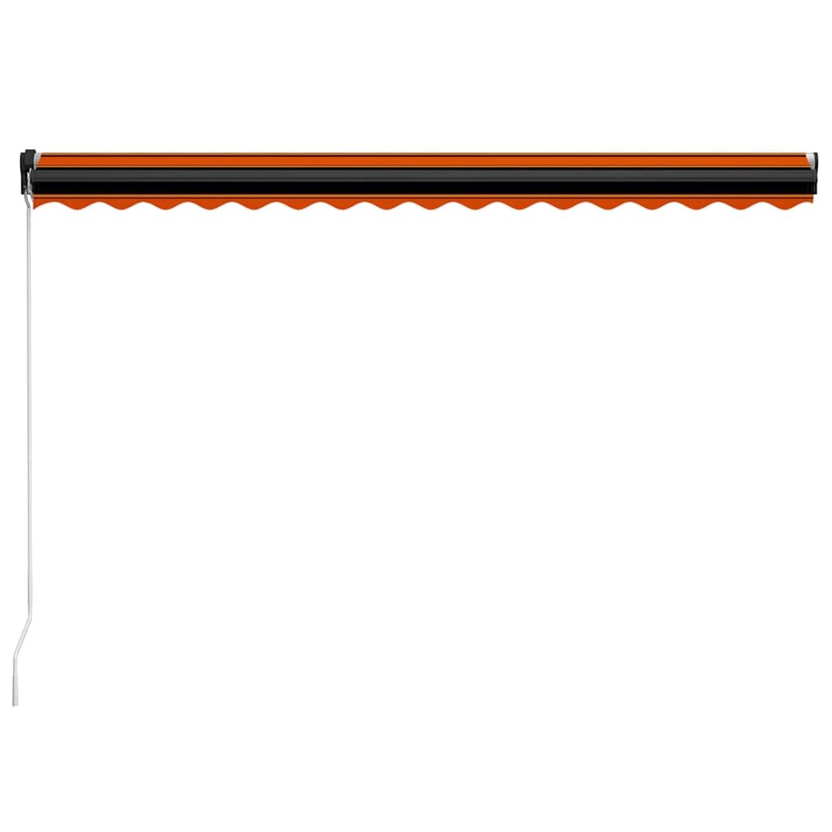 Orange und schwarz gestreifte Markise, mit weißer Schnur. Weißer Hintergrund.
