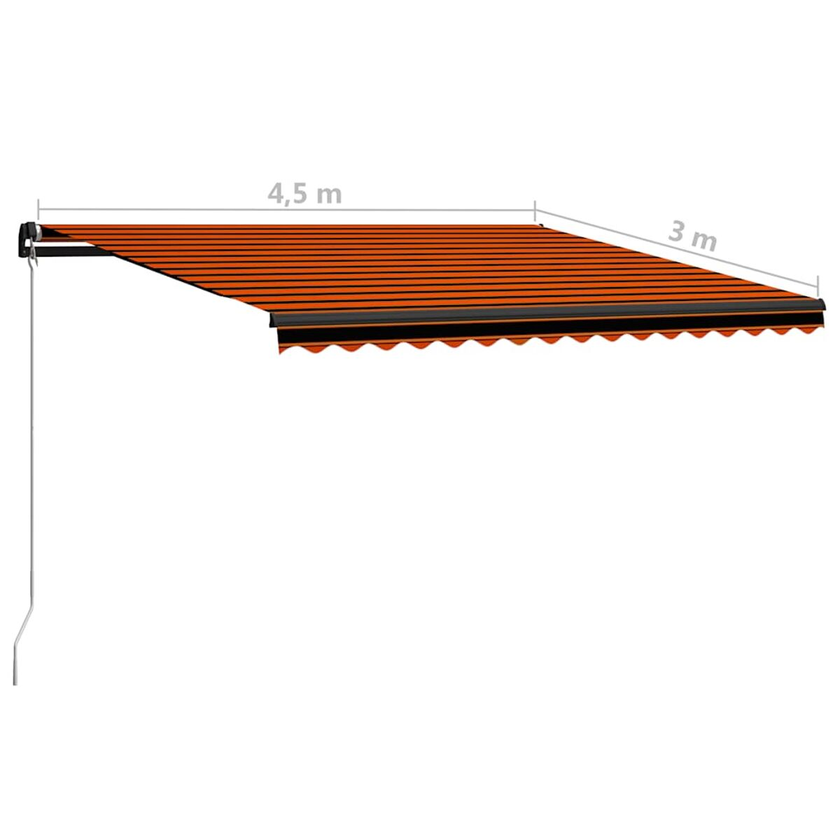 Eine orange und schwarz gestreifte Markise. Die Abmessungen sind 4,5 m mal 3 m. Der Hintergrund ist weiß.