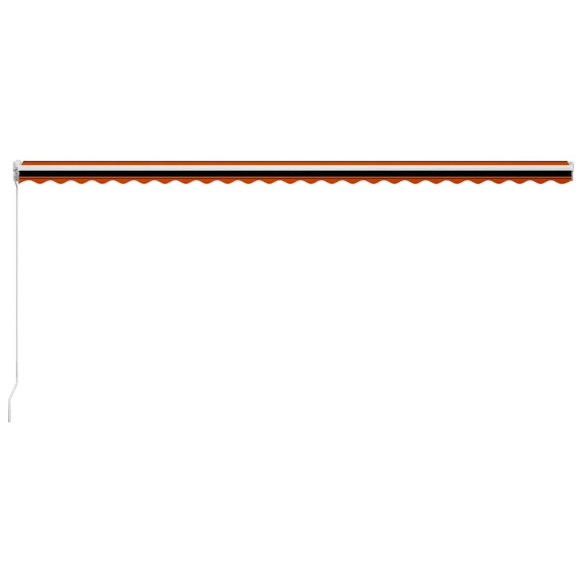 Eine Markise mit orangefarbenen, schwarzen und weißen Streifen.