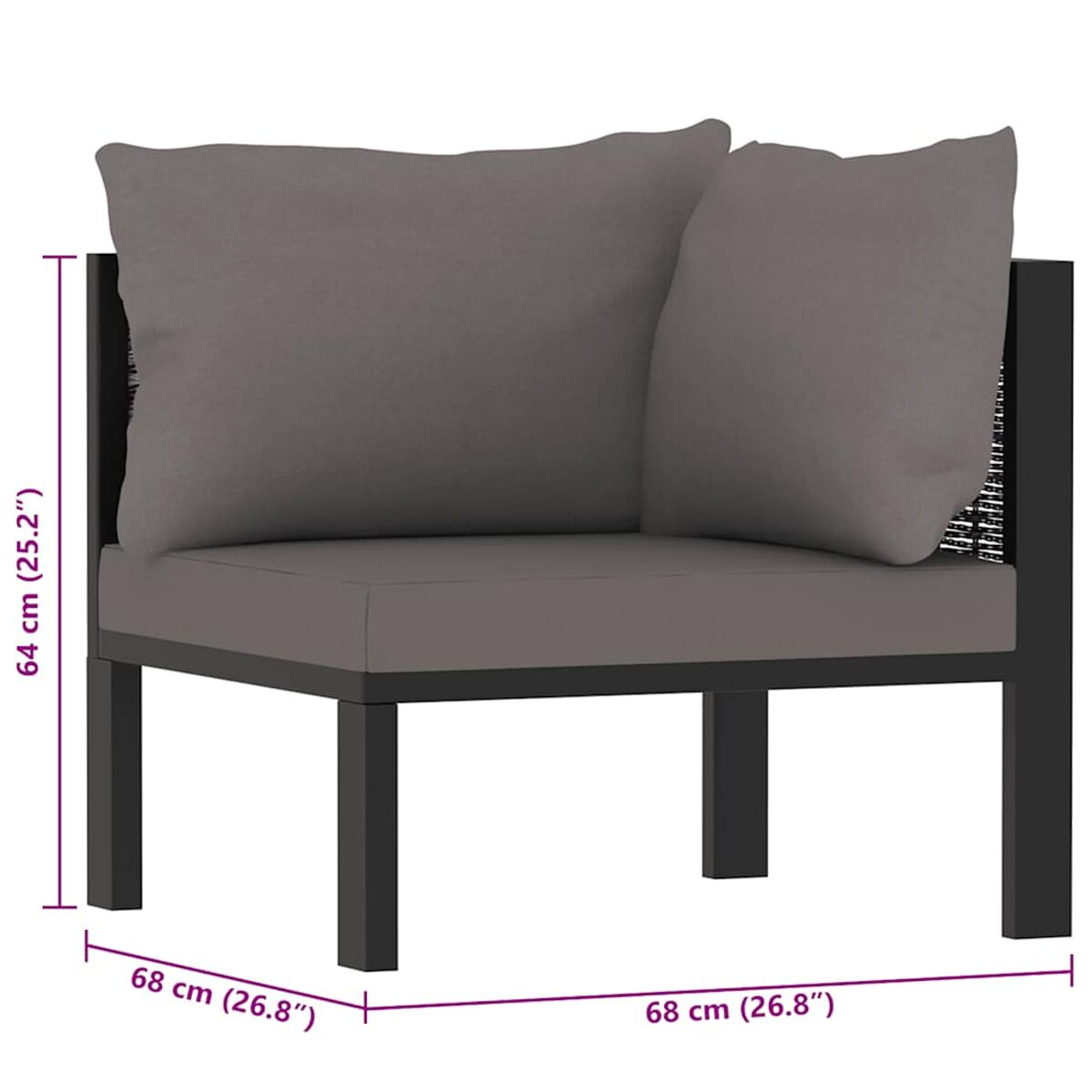 Ecksofa mit grauen Kissen und schwarzem Rahmen. Abmessungen sind in cm und Zoll angegeben.