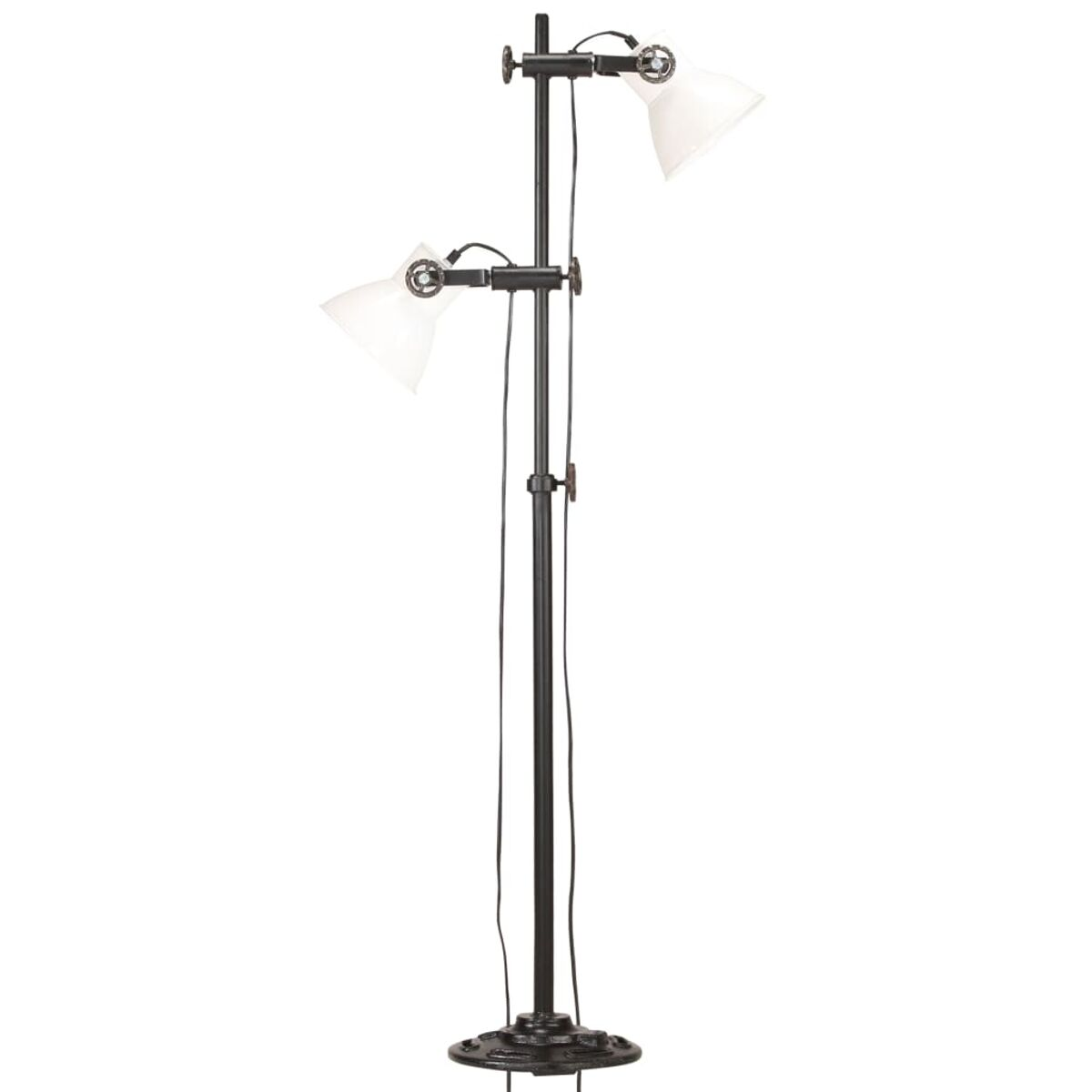 Schwarze Stehlampe mit zwei weißen Lampenschirmen auf weißem Hintergrund.