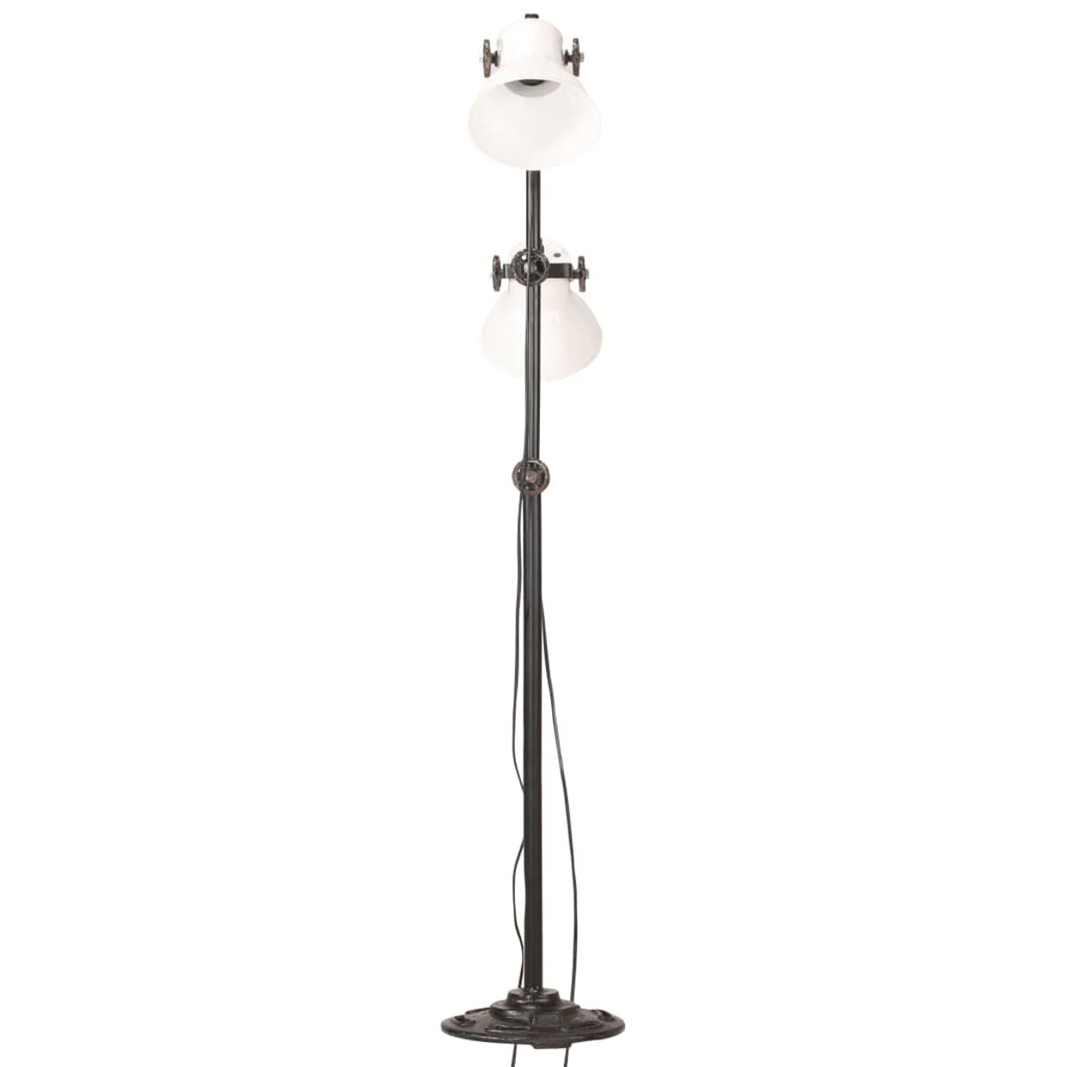 Hohe, schwarz-weiße Stehlampe mit zwei Lampenschirmen. Die Lampe hat ein schwarzes Kabel.
