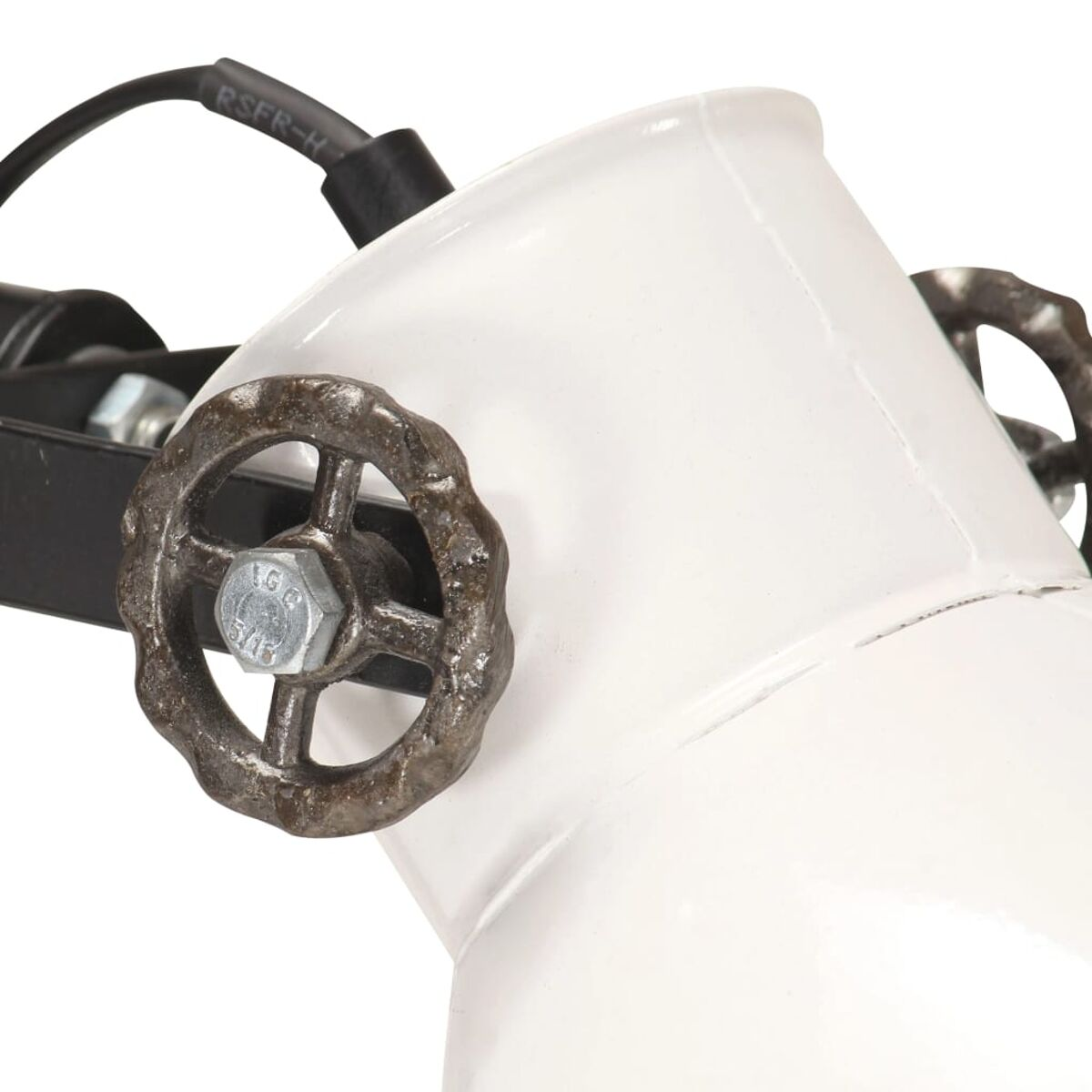 Nahaufnahme einer weißen Lampenfassung mit metallischen ventilartigen Details.