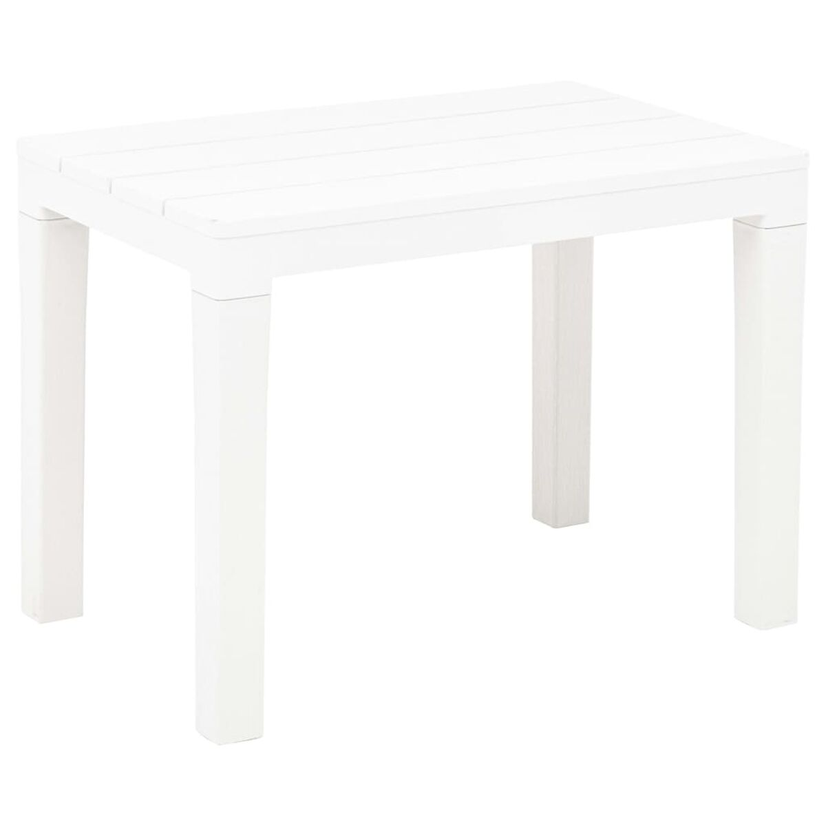 Weißer quadratischer Tisch mit vier Beinen, weißer Hintergrund.