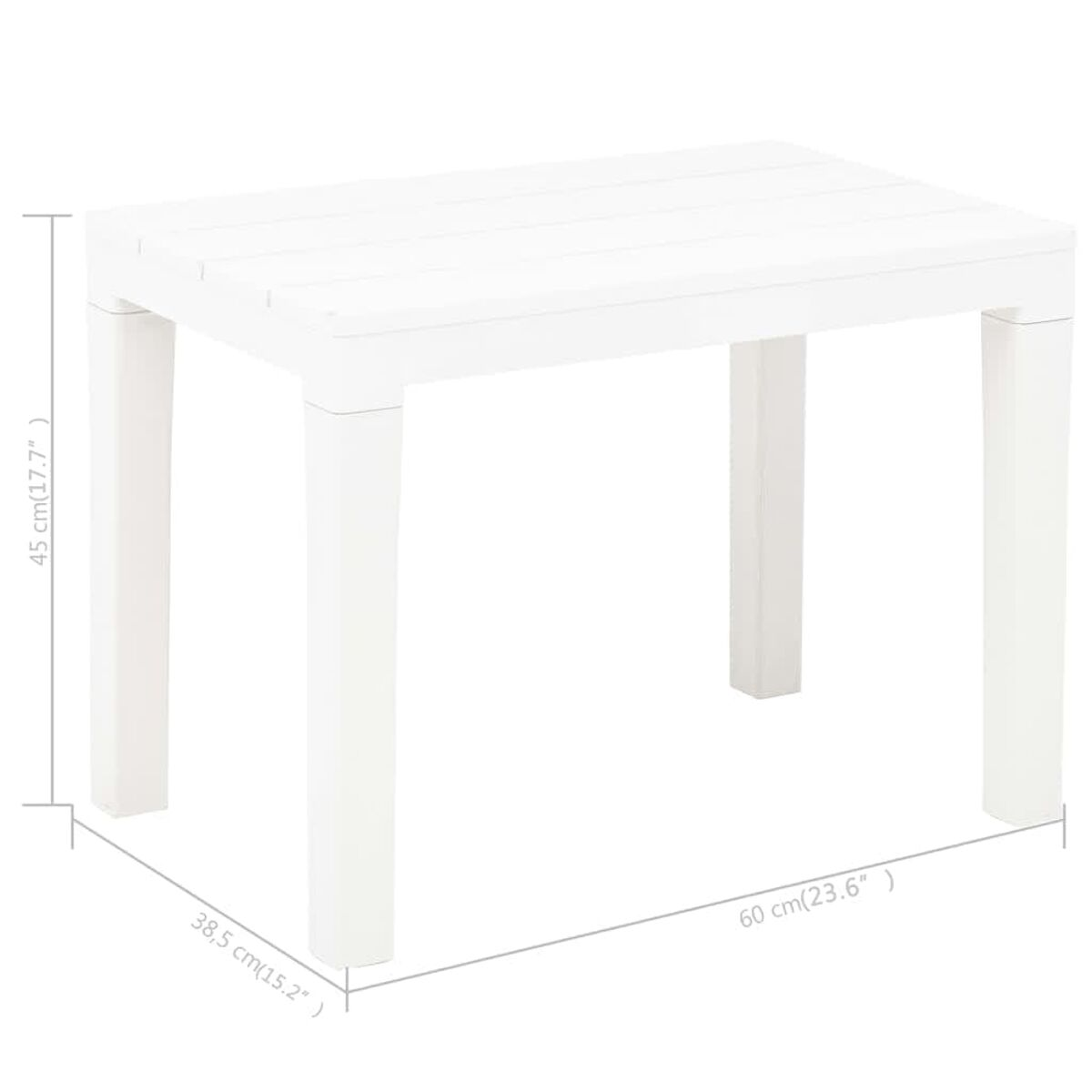 Weißer Tisch mit Abmessungen: 60x38,5x45cm (23,6x15,2x17,7 Zoll). Weißer Hintergrund.