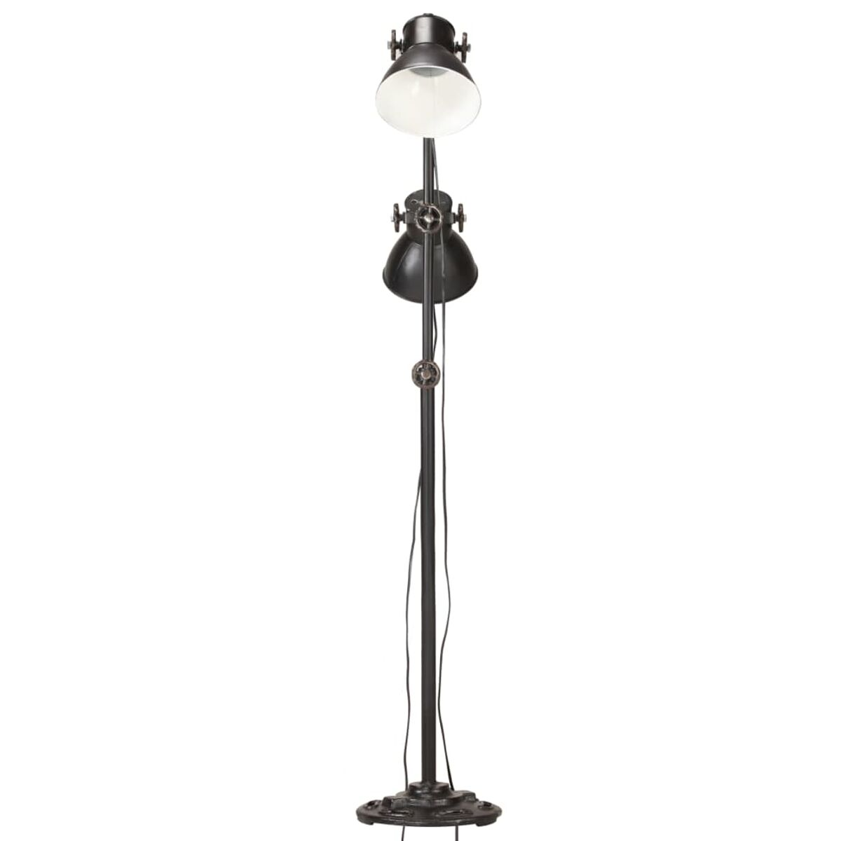 Eine hohe, schwarze Stehlampe mit verstellbarem Kopf und weißem Schirm.