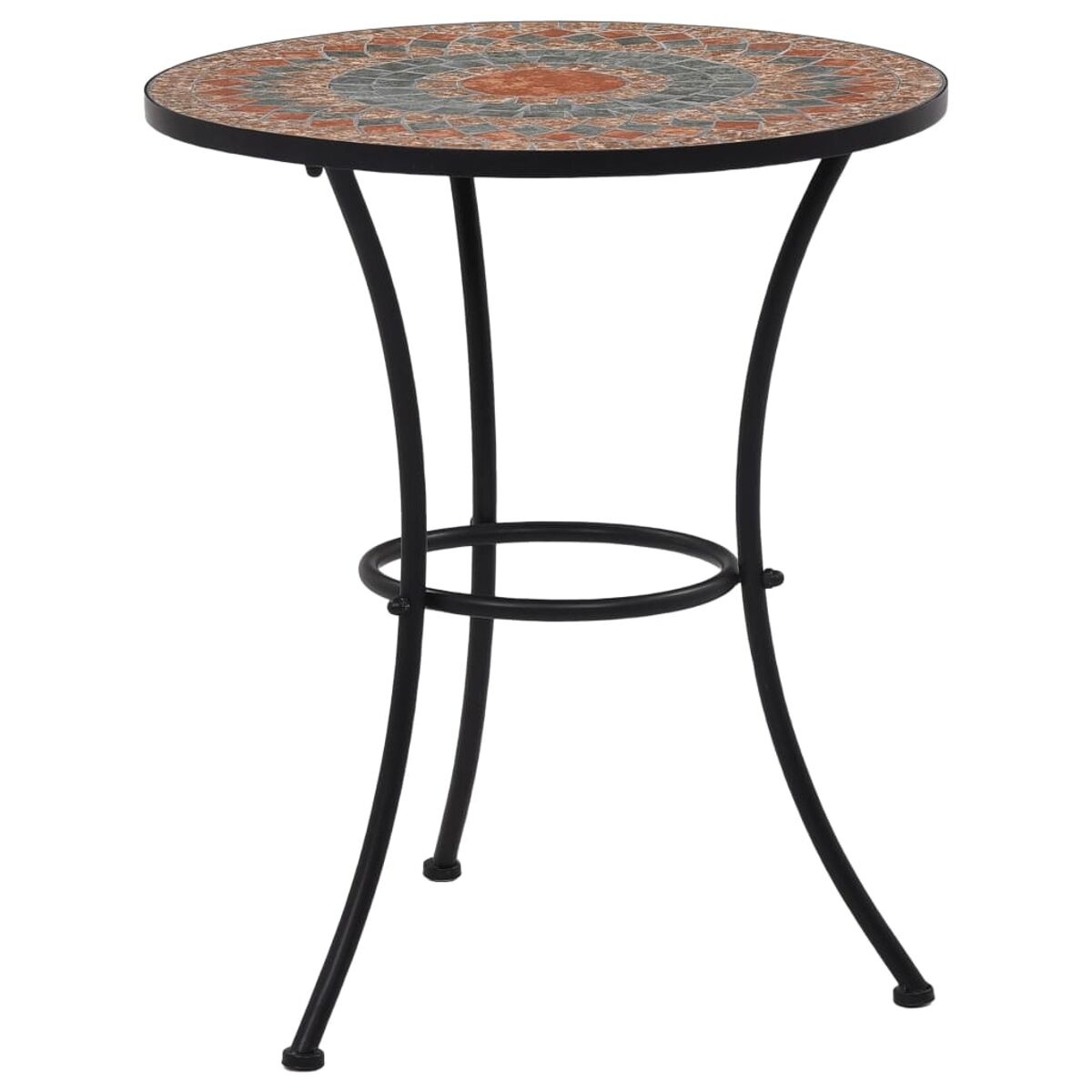 Ein kleiner runder Tisch mit Mosaikplatte. Er hat ein schwarzes Metallgestell und drei Beine.