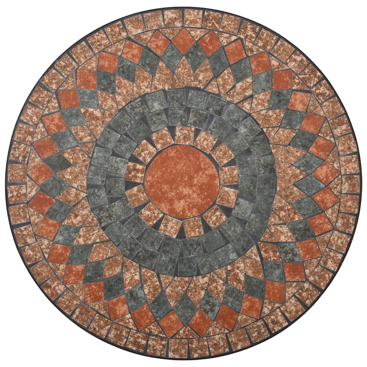 Runder Mosaiktisch mit orangefarbenen, grauen und braunen Fliesen. Schwarzer Rand. Der Hintergrund ist weiß.