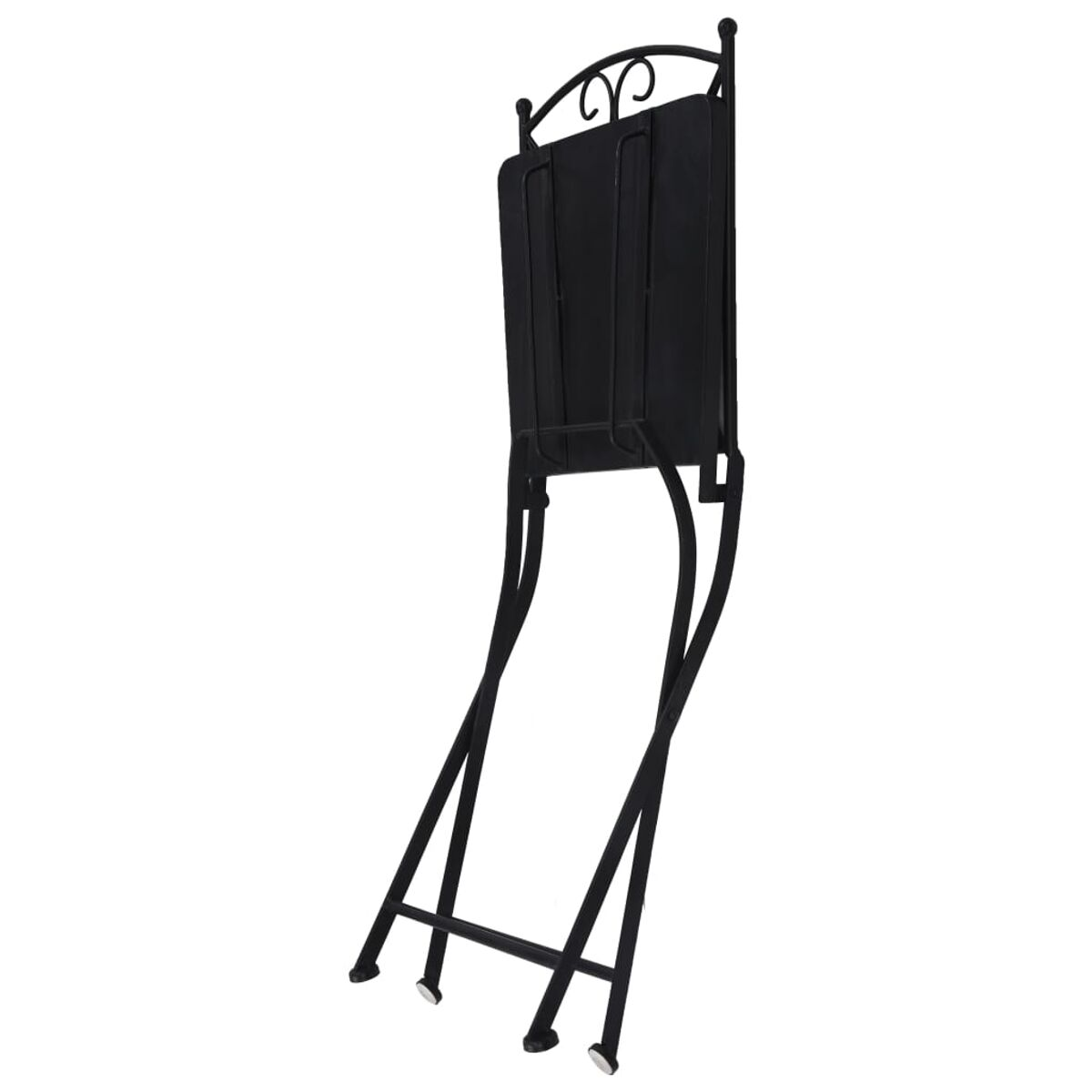 Schwarzer Klappstuhl mit Schnörkeldesign.