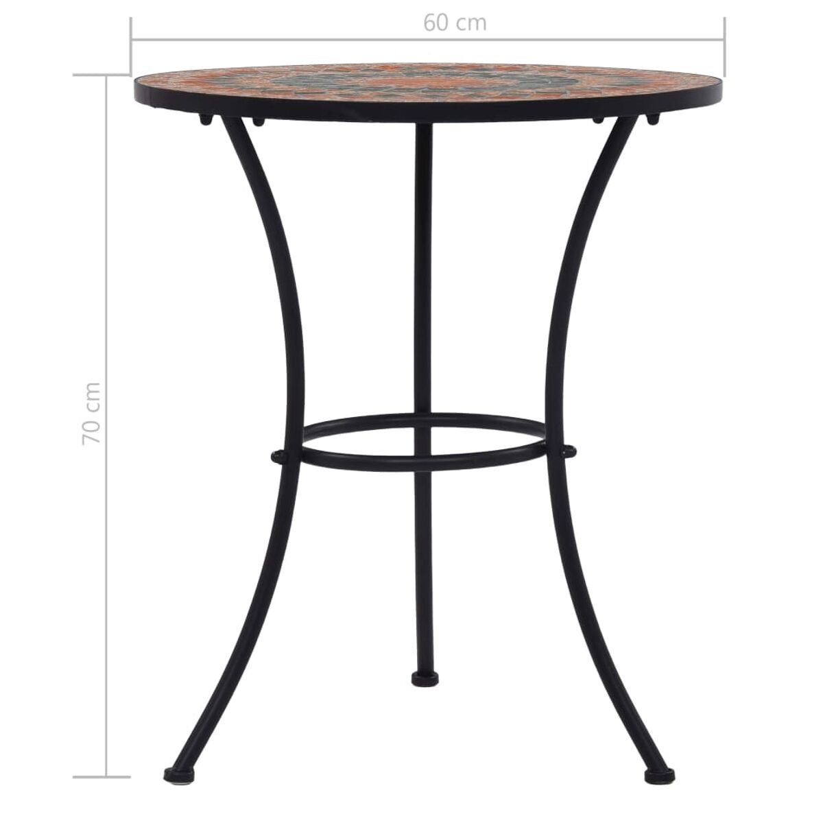 Runder Tisch mit Mosaikplatte und schwarzen Beinen. Die Maße 60cm x 70cm sind beschriftet. Der Hintergrund ist weiß.