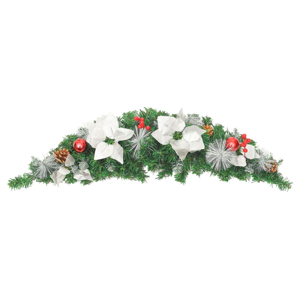 Weihnachtsgirlande mit weißen Weihnachtssternen, roten Ornamenten, Tannenzapfen und Beeren.