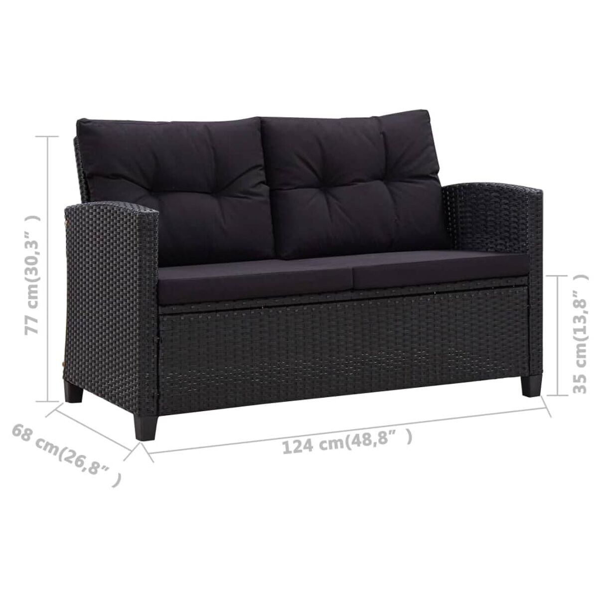 Schwarzes Rattan-Sofa mit schwarzen Kissen. Abmessungen sind auf dem Bild angegeben.