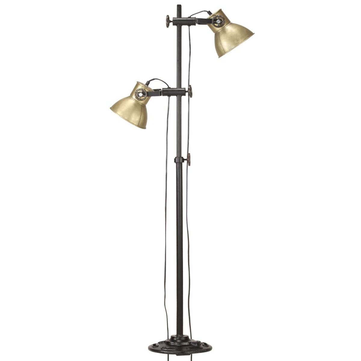Stehlampe mit zwei goldfarbenen Lampenschirmen, schwarzer Stange und rundem Sockel.