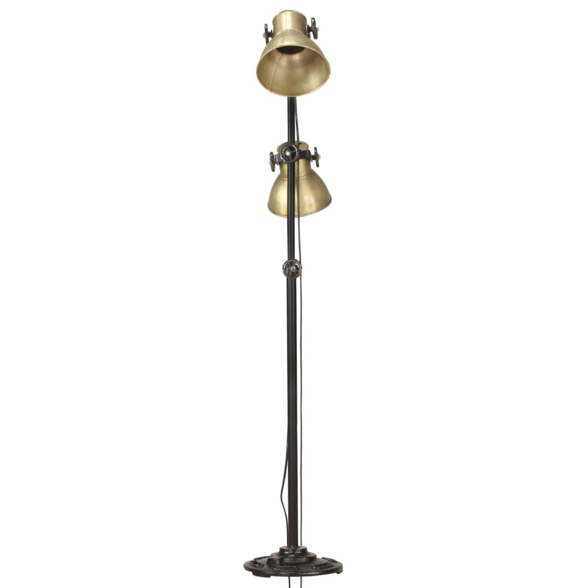 Eine messingfarbene Stehlampe. Sie hat zwei Lampenschirme und eine dunkle Stange.