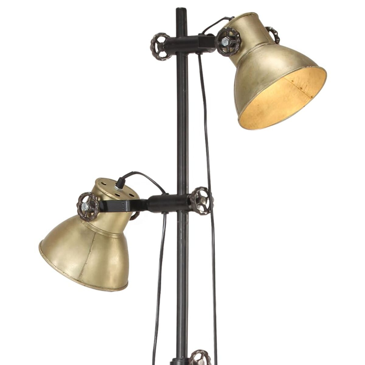 Stehlampe mit zwei messingfarbenen Lampenschirmen auf einem schwarzen Ständer.