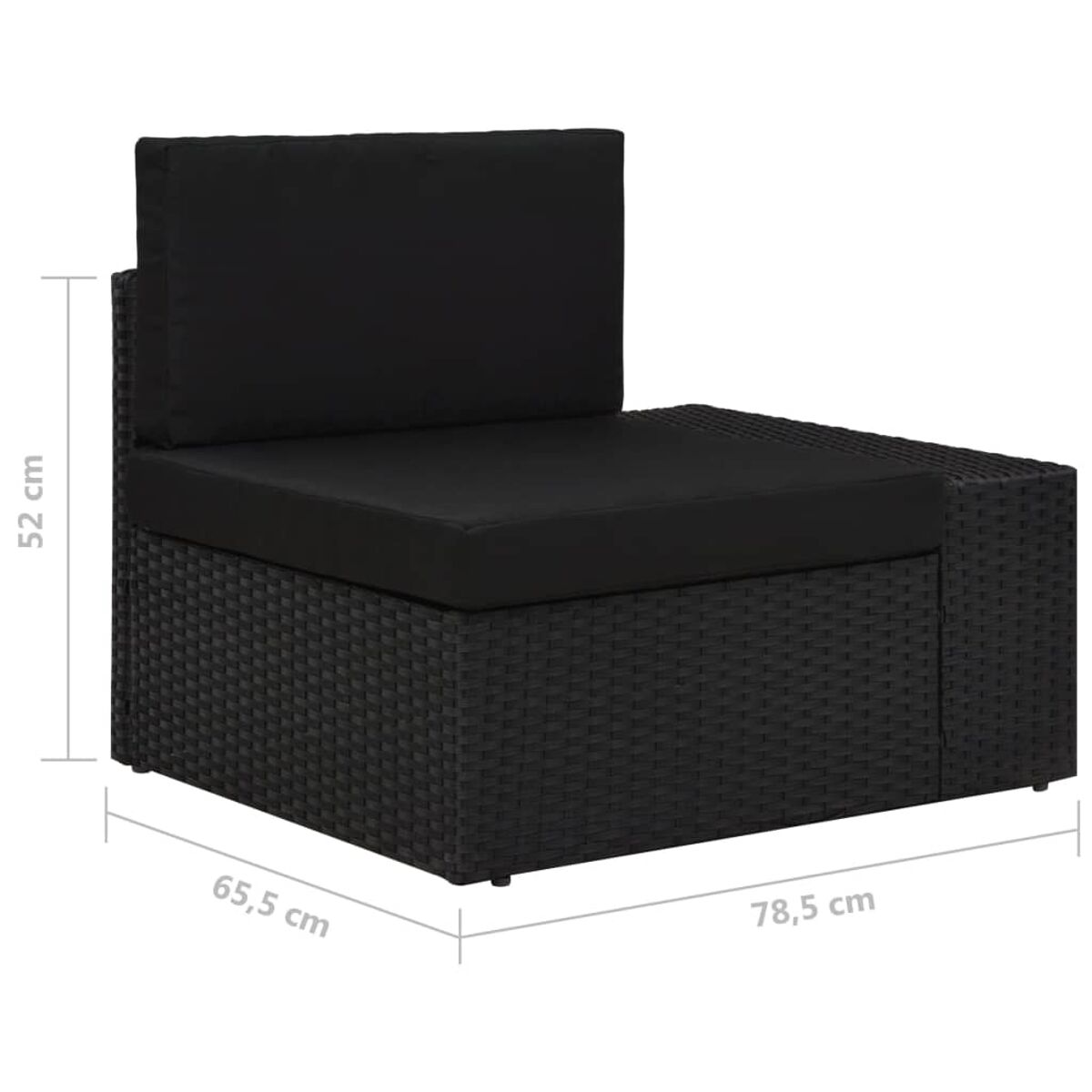 Schwarzes Ecksofa aus Korbgeflecht mit Kissen. Abmessungen angegeben. Weißer Hintergrund.