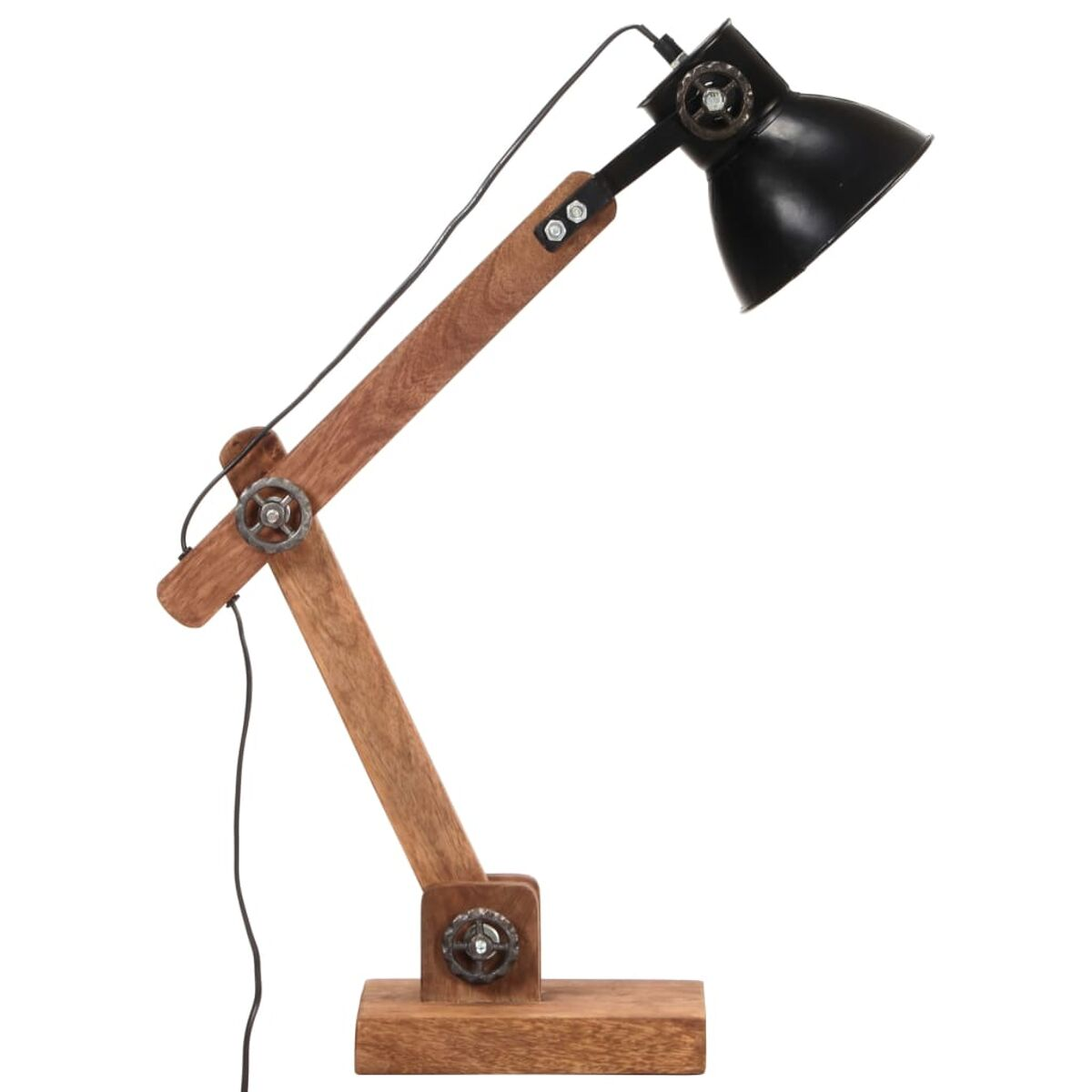 Holz-Schreibtischlampe mit verstellbaren Armen und schwarzem Schirm.