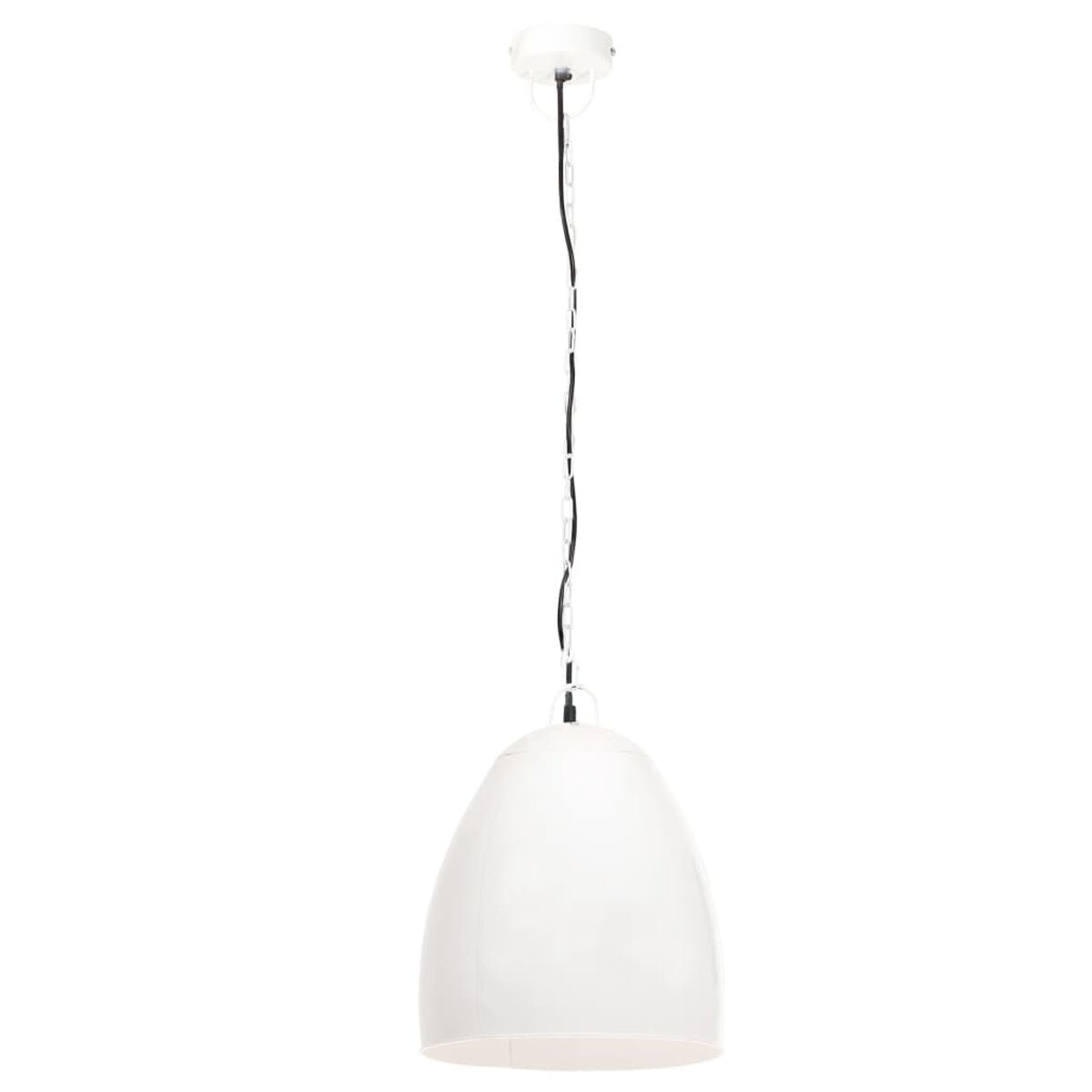 Weiße Pendelleuchte mit abgerundeter Form, hängend an einem weißen Kabel und Deckenhalterung.
